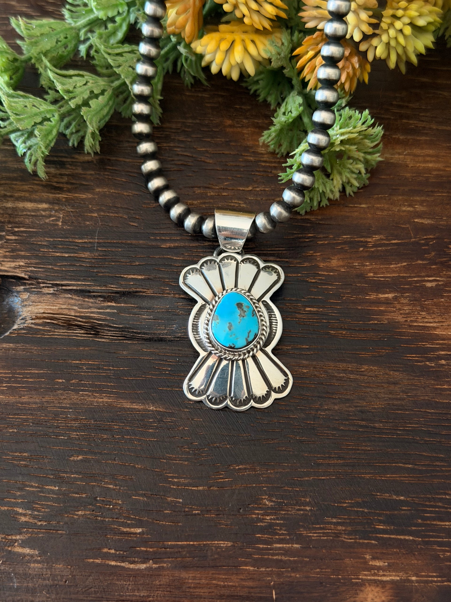 Navajo Made Kingman Turquoise & Sterling Silver Pendant