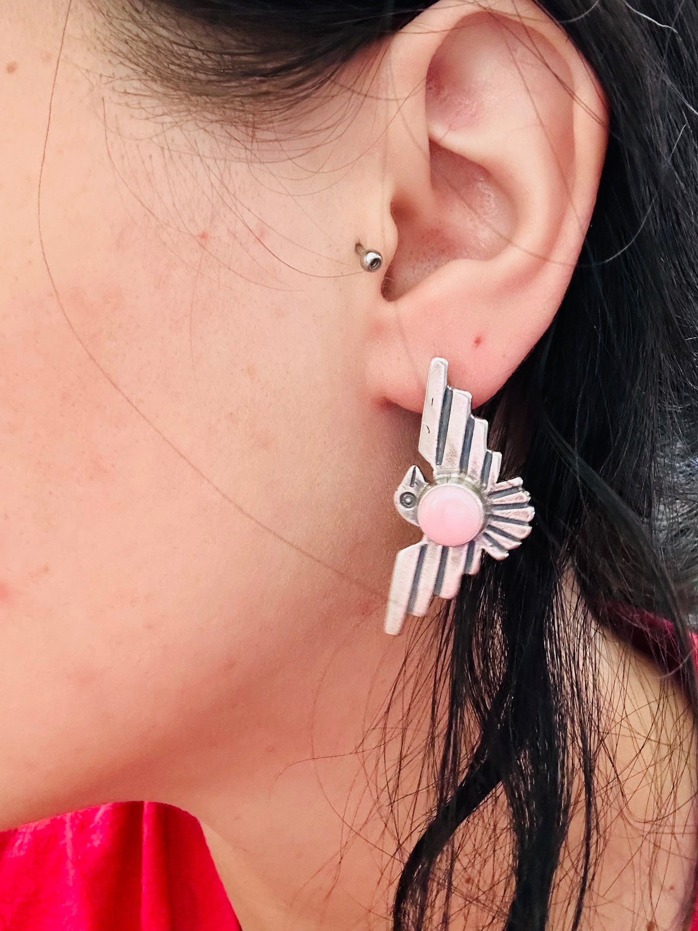 Navajo Handmade Pink Conch & Sterling Silver Post Thunderbird Earrings