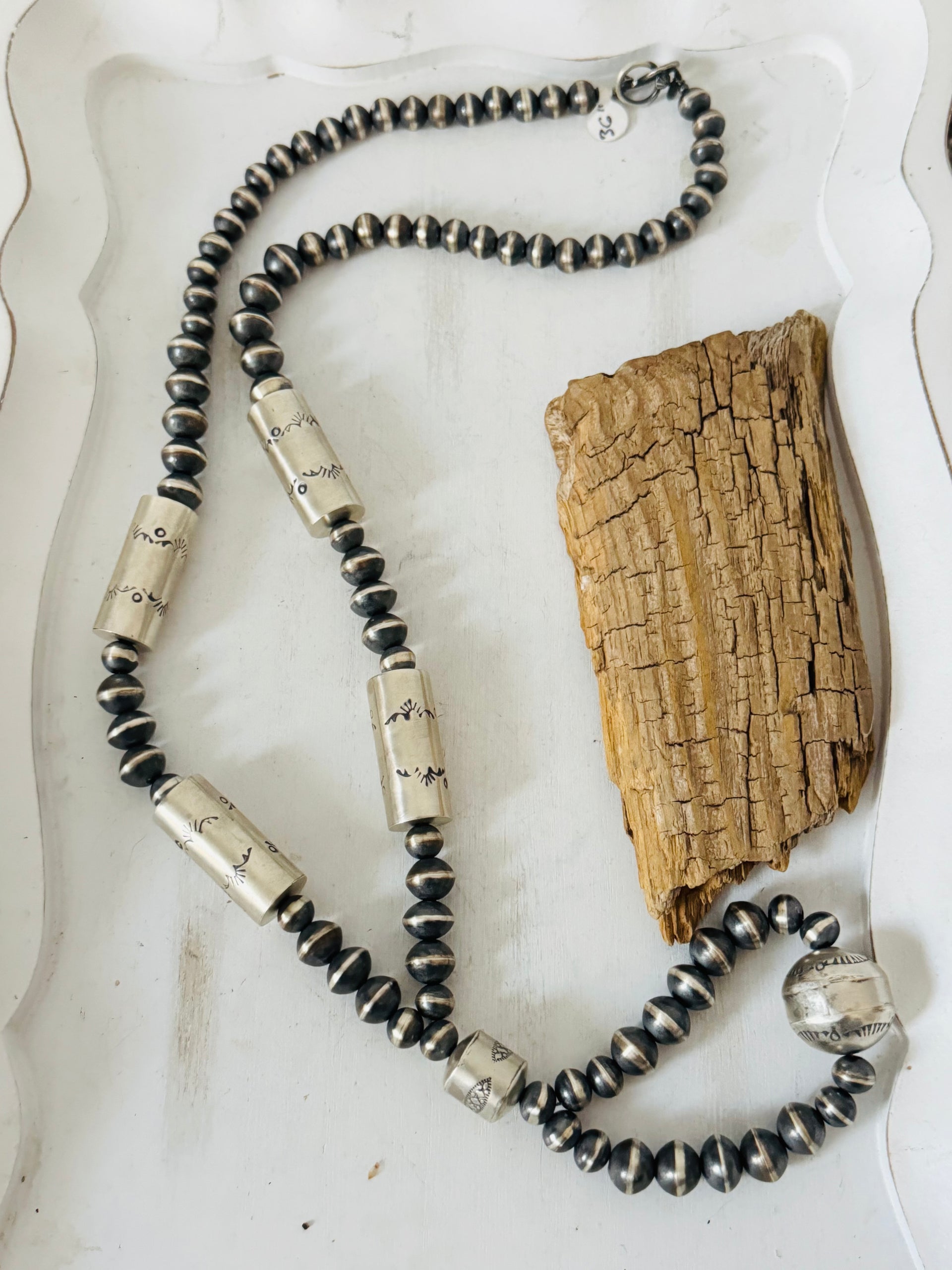 Navajo Strung Graduated Sterling Silver Barrel Pearls Beaded Necklace