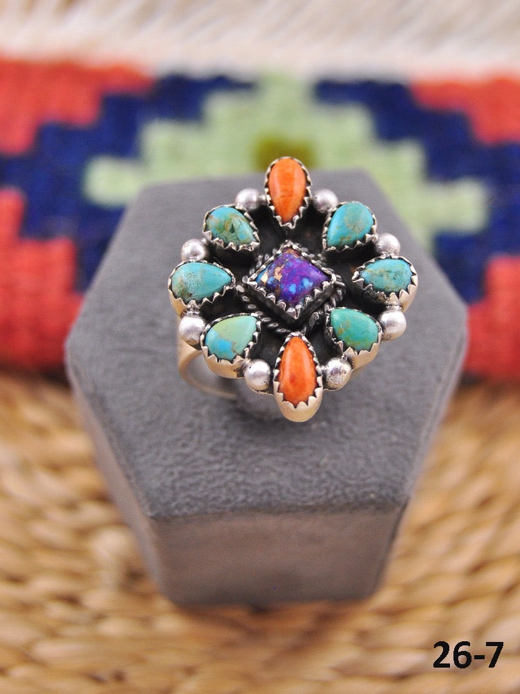 Southwest Made Multi Stone & Sterling Sliver Cluster Adjustable Ring