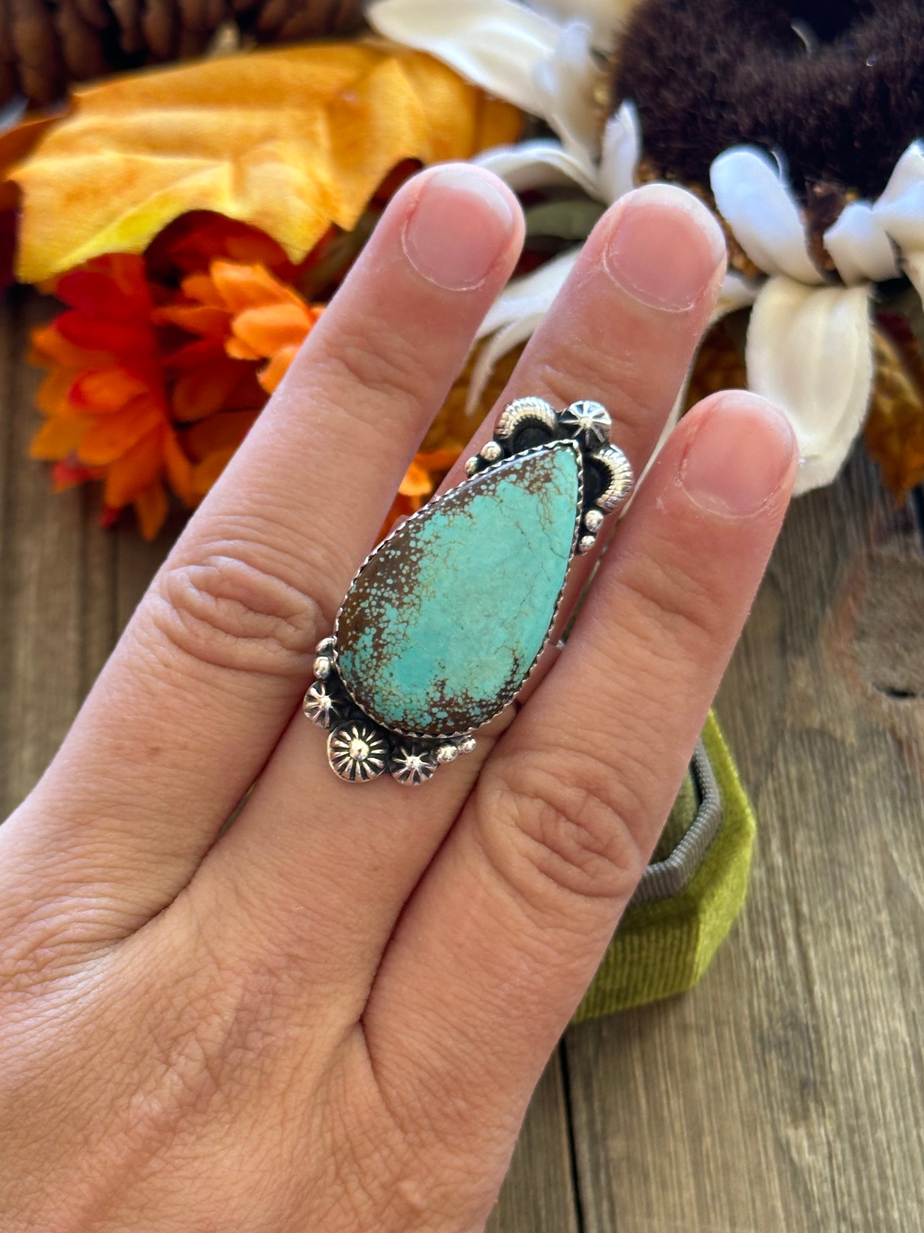 Southwest Handmade #8 Turquoise & Sterling Silver Adjustable Ring