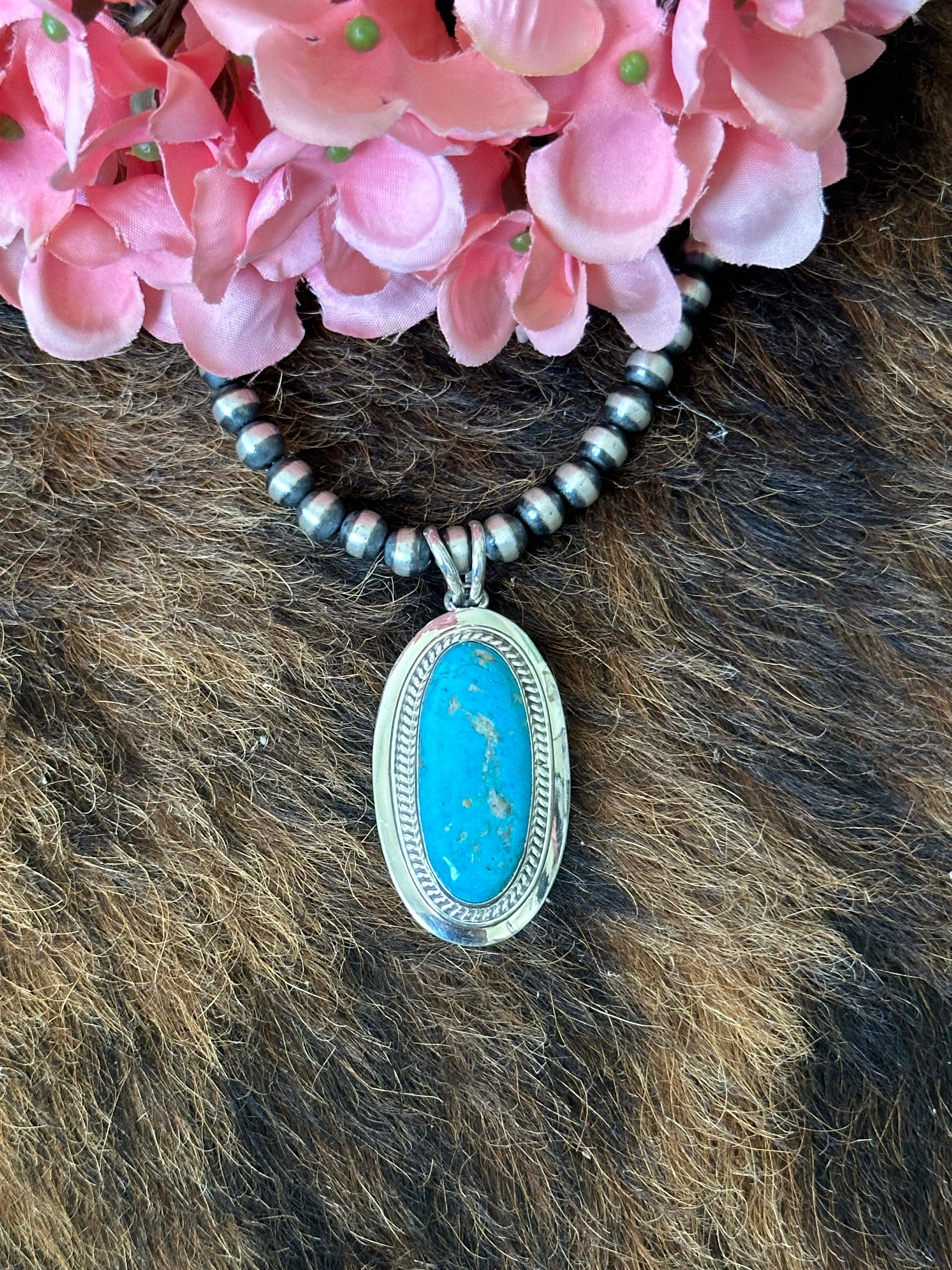 Navajo Made Kingman Turquoise & Sterling Silver Pendant