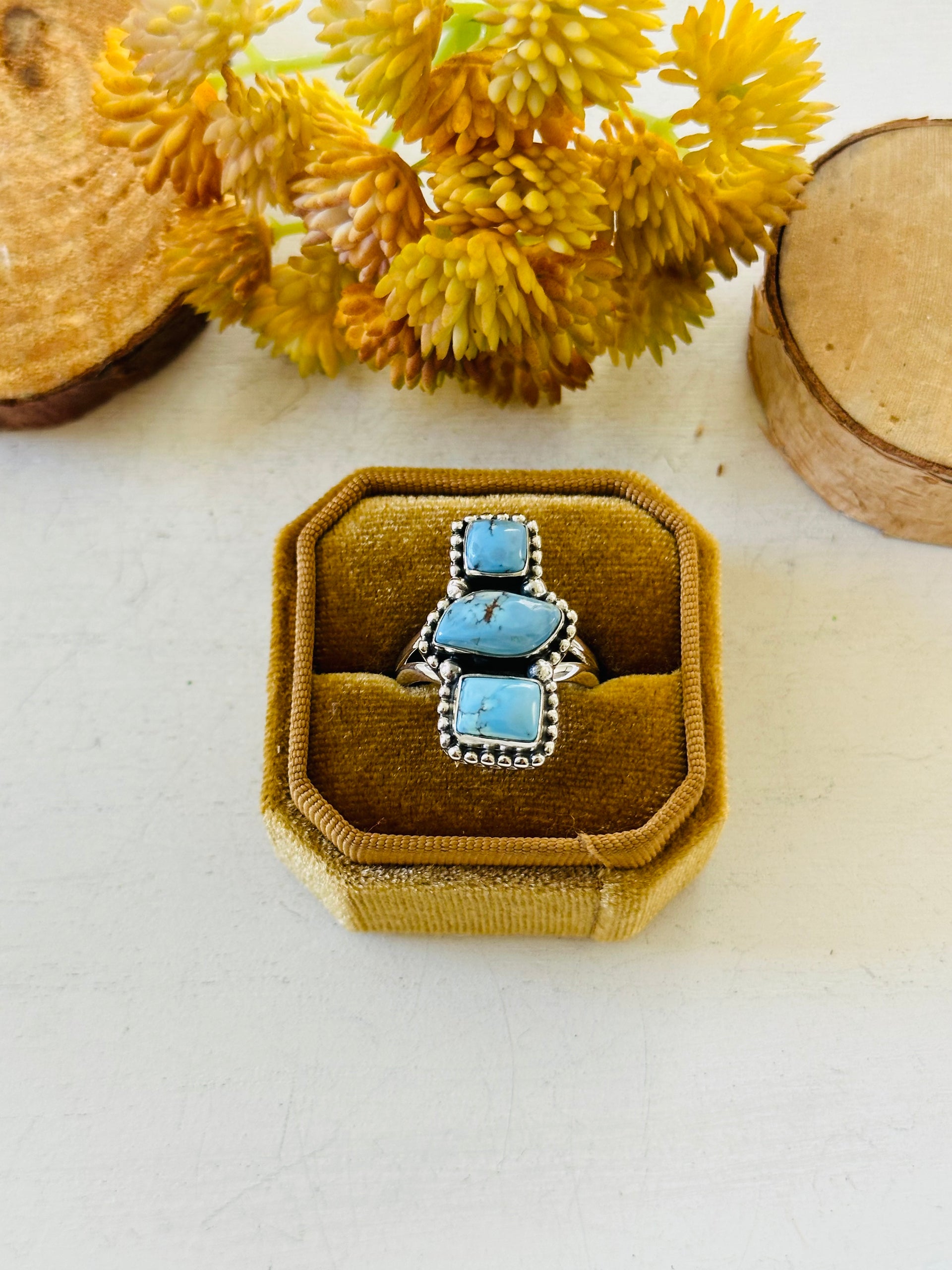 Southwest Handmade Golden Hills Turquoise & Sterling Silver Ring Size 9.75