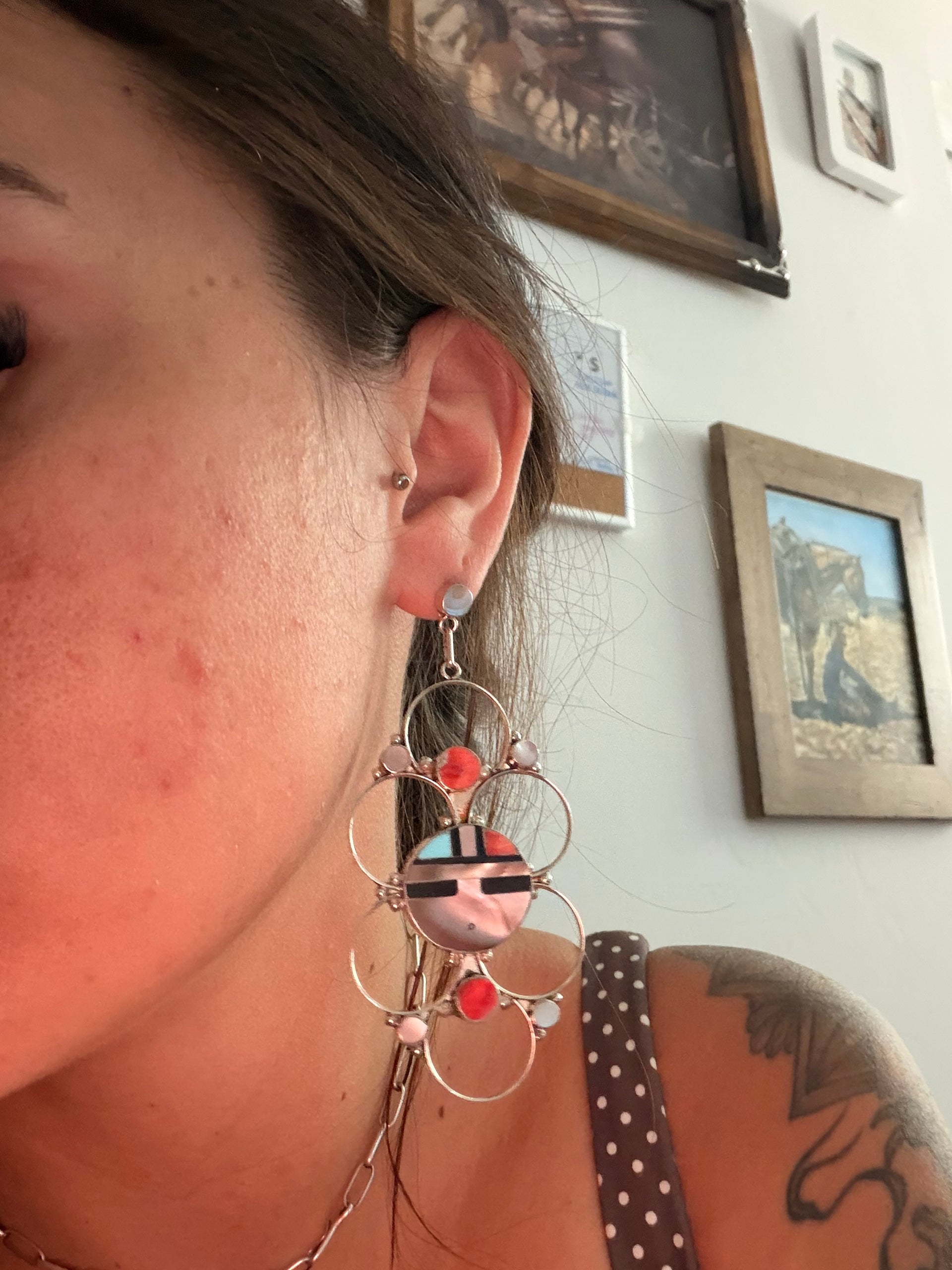 Zuni Made Multi Stone & Sterling Silver Post Dangle Sunface Inlay Earrings