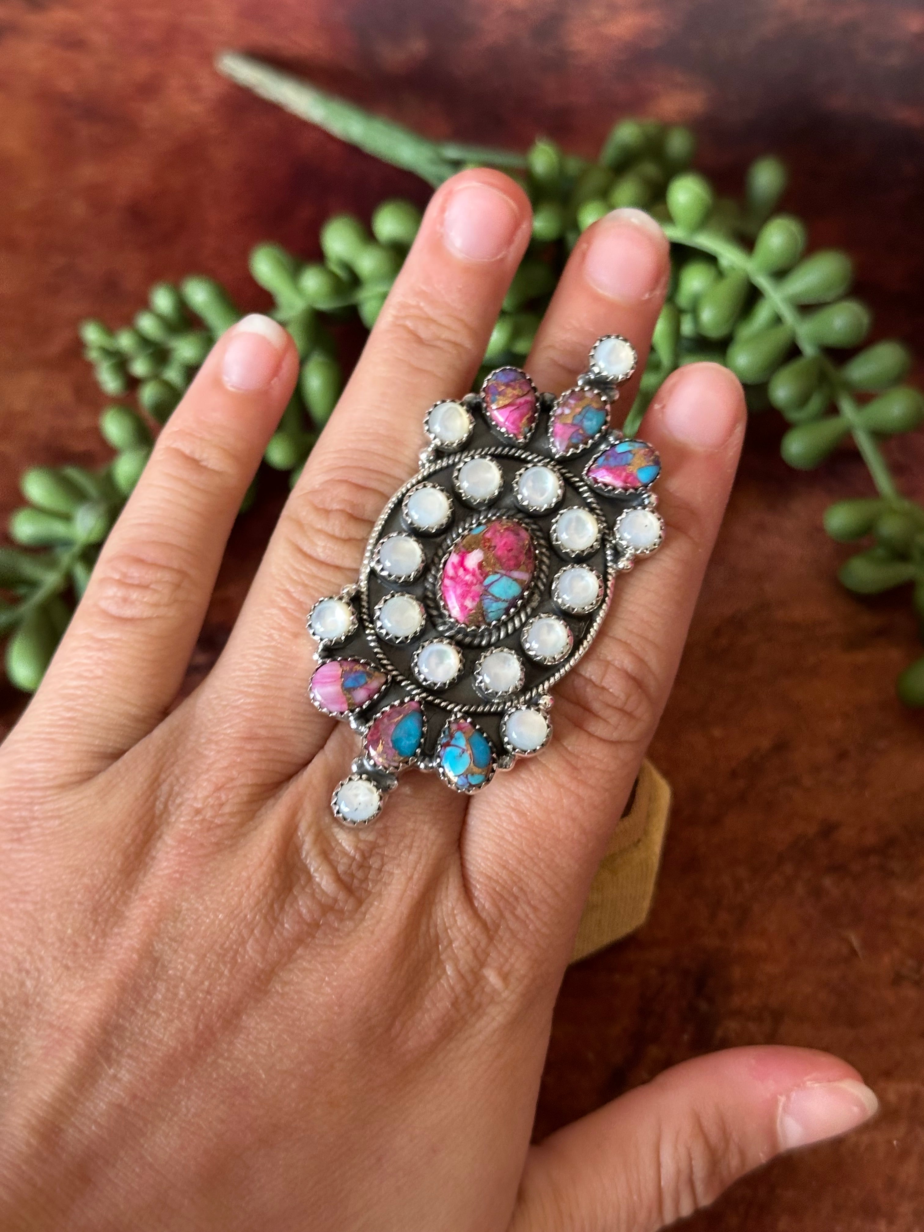 Southwest Handmade Multi Stone & Sterling Silver Adjustable Cluster Ring