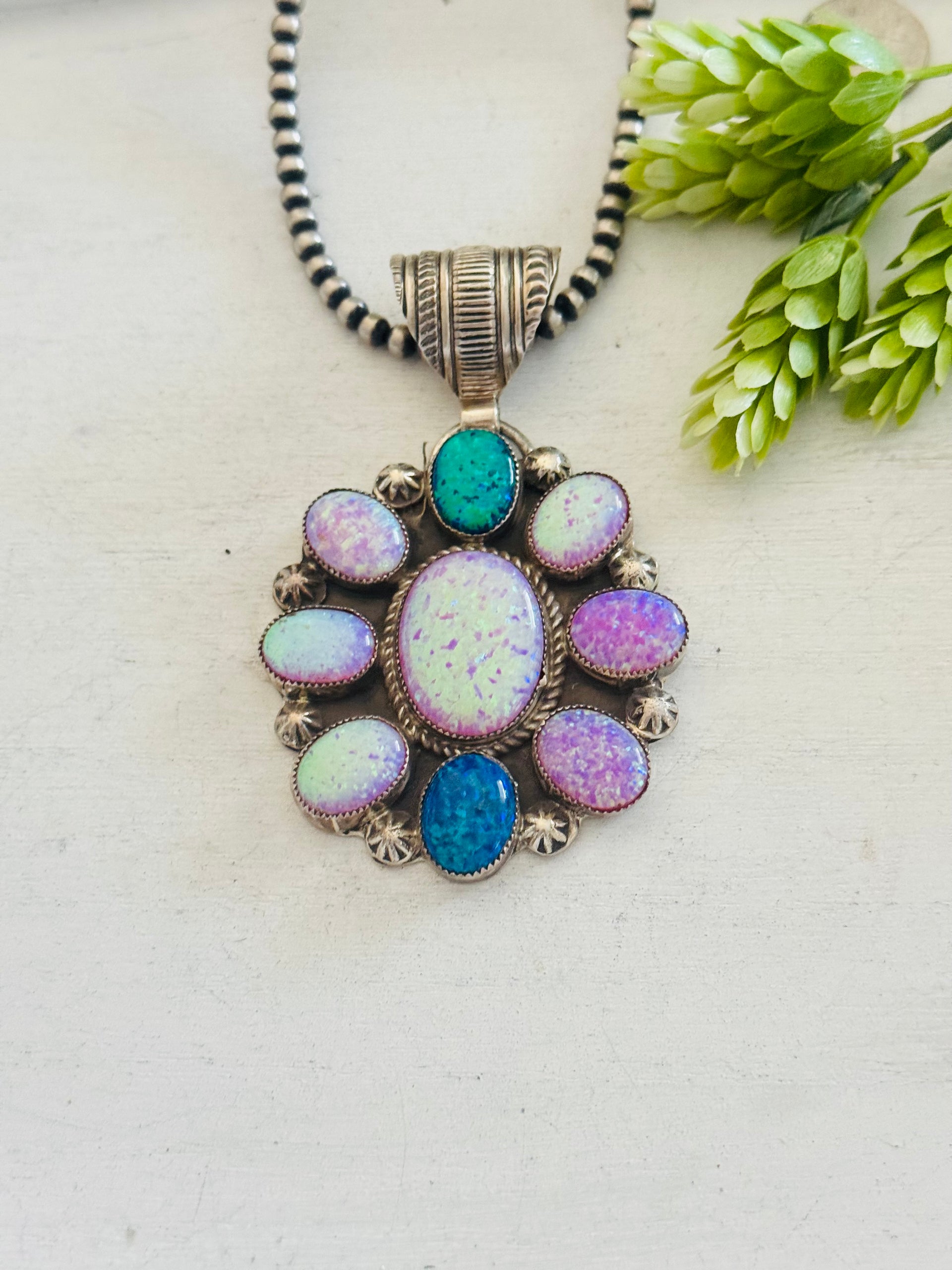 Navajo Made Multi Opal & Sterling Silver Cluster Pendant