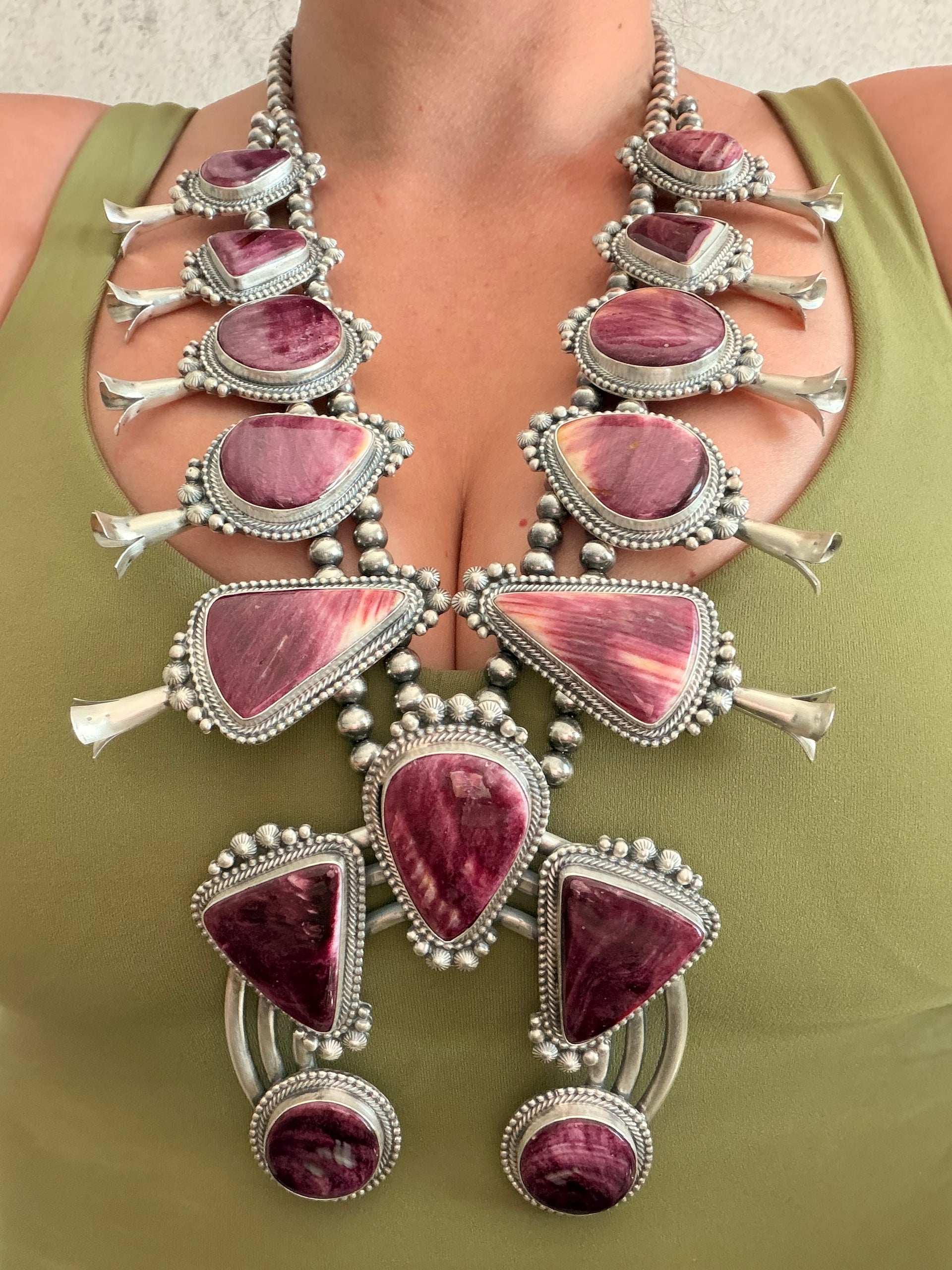 Tom Lewis Purple Spiny Oyster & Sterling Silver Squash Blossom Necklace Set