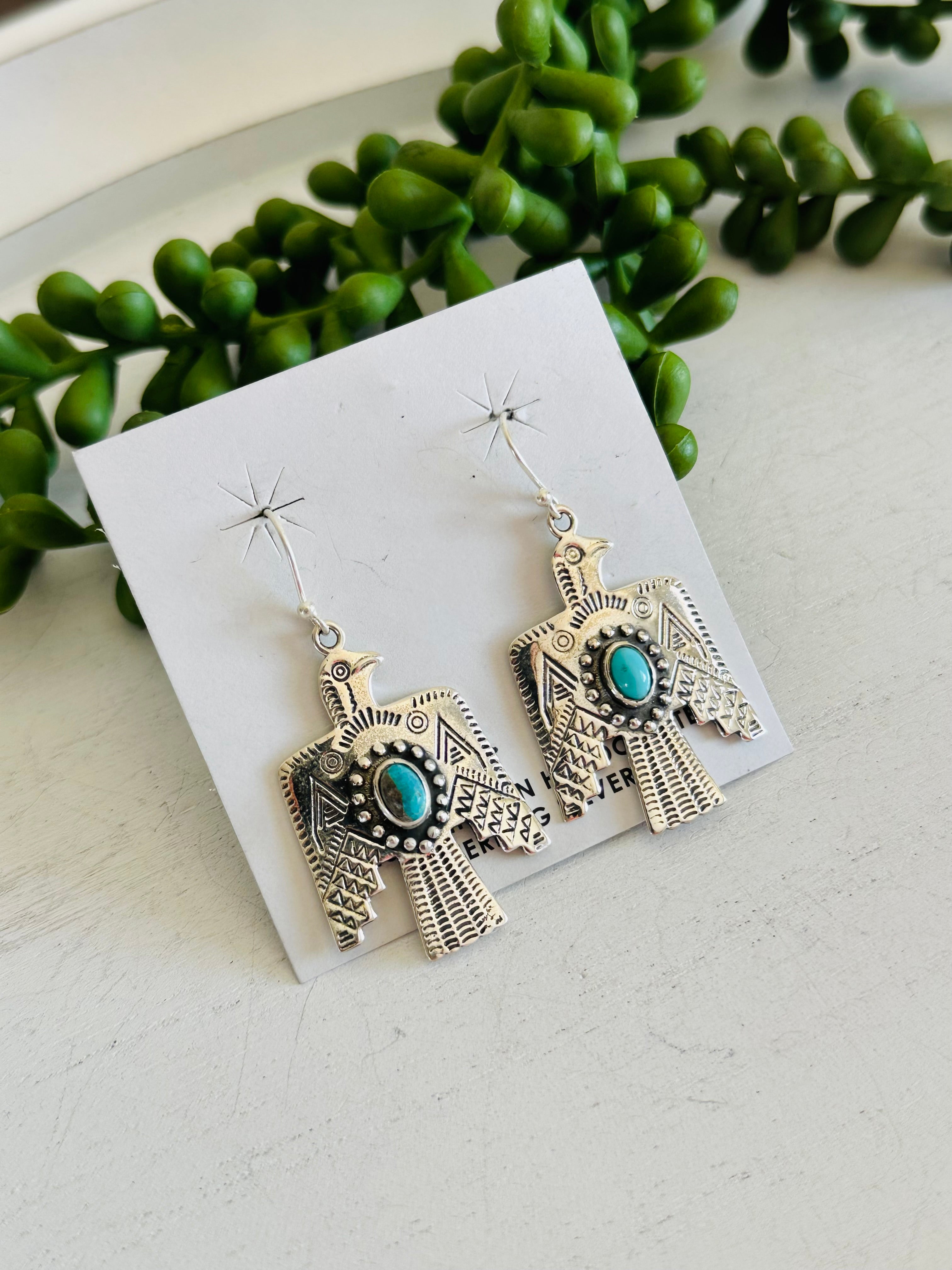 Southwest Handmade Kingman Turquoise& Sterling Silver Dangle Thunderbird Earrings