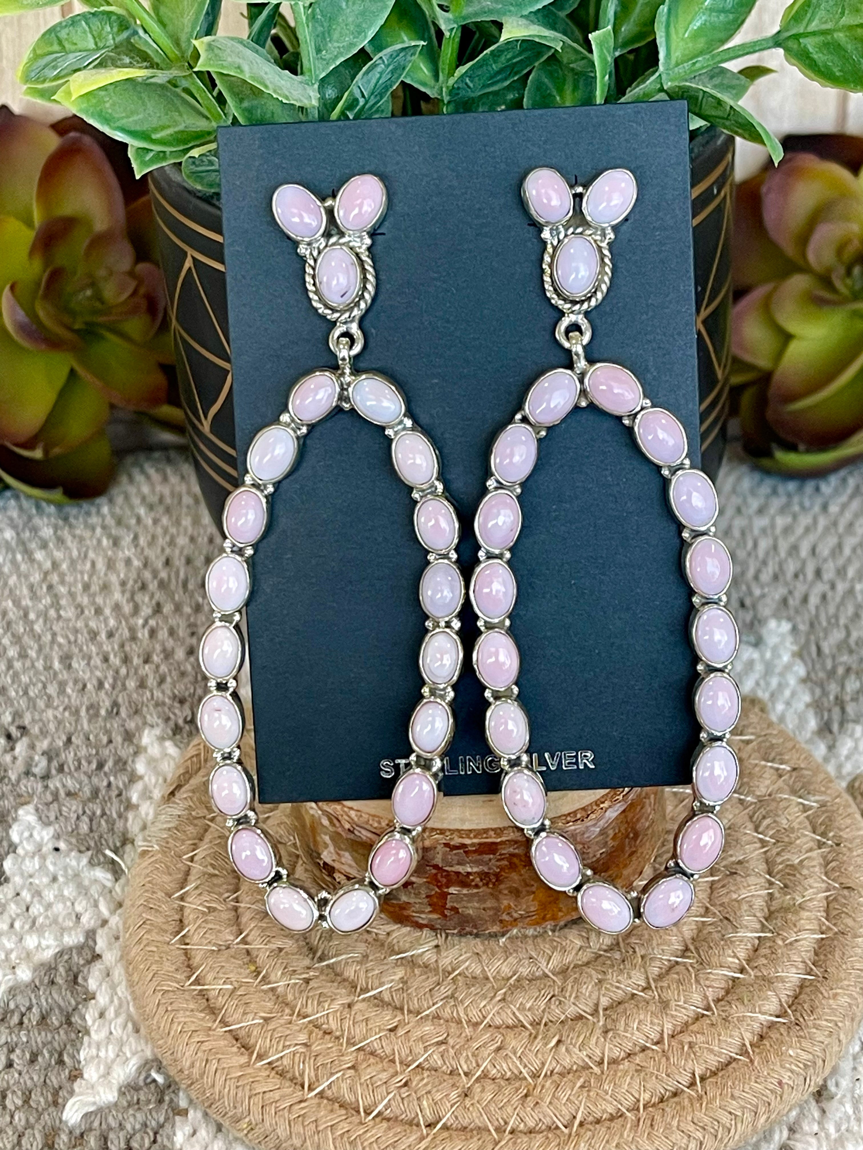 Southwest Handmade Pink Conch & Sterling Silver Post Dangle Hoop Earring