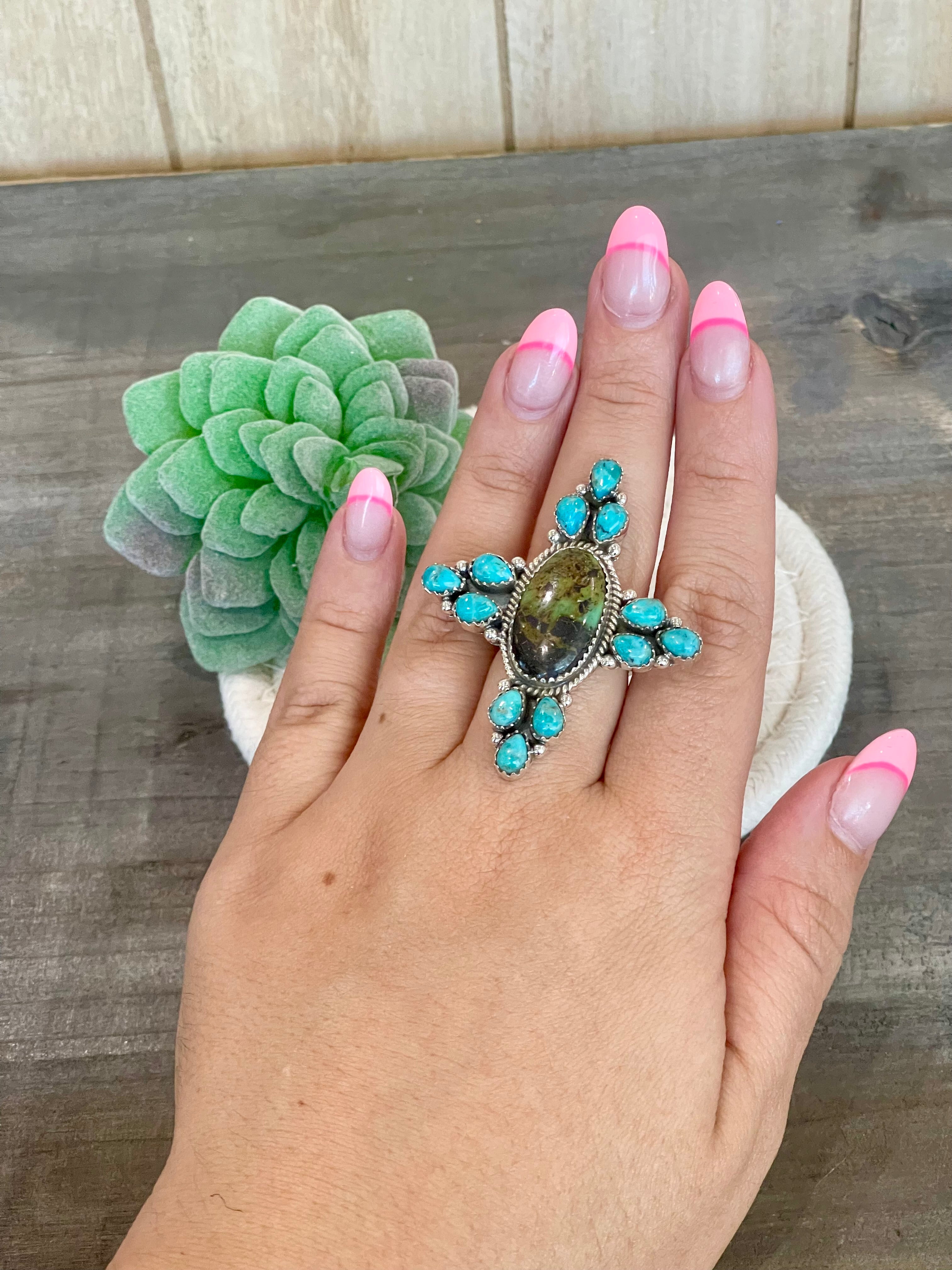 Southwest Handmade BlackJack Turquoise And Kingman Turquoise & Sterling Silver Adjustable Ring