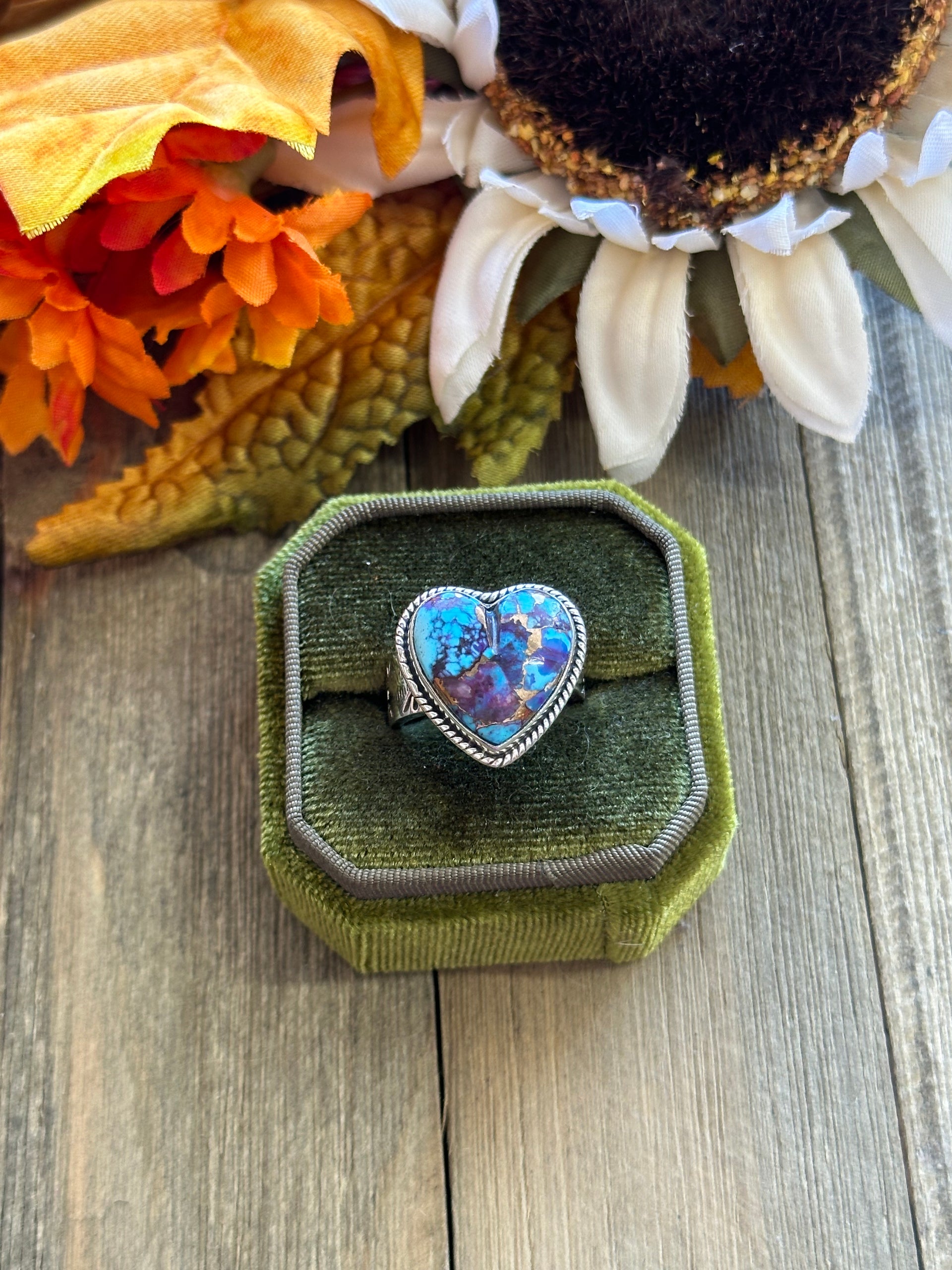 Southwest Handmade Mohave Turquoise & Sterling Silver Adjustable Heart Ring