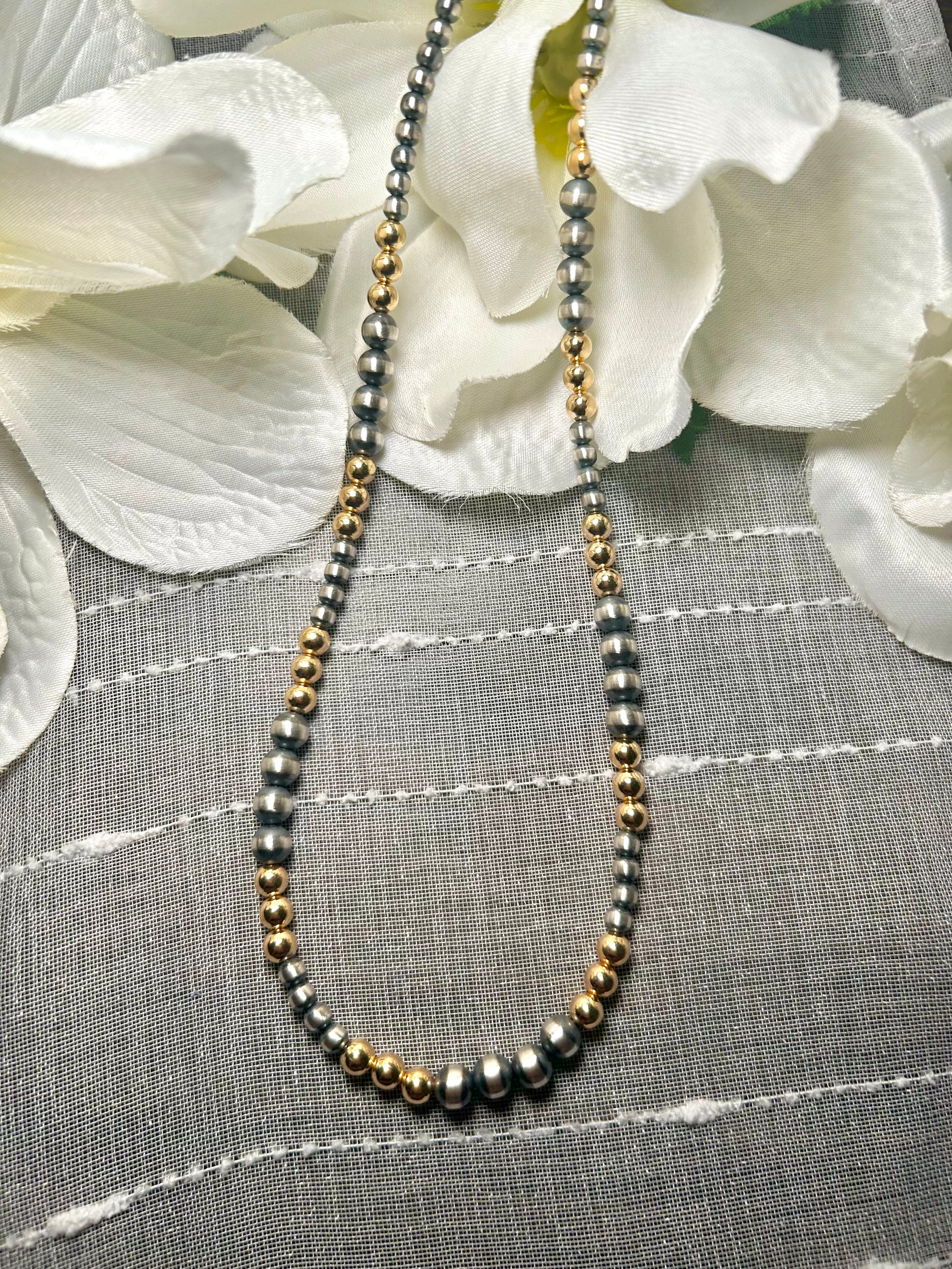 Navajo Made Strung 14K Gold Plate & Sterling Silver Necklace