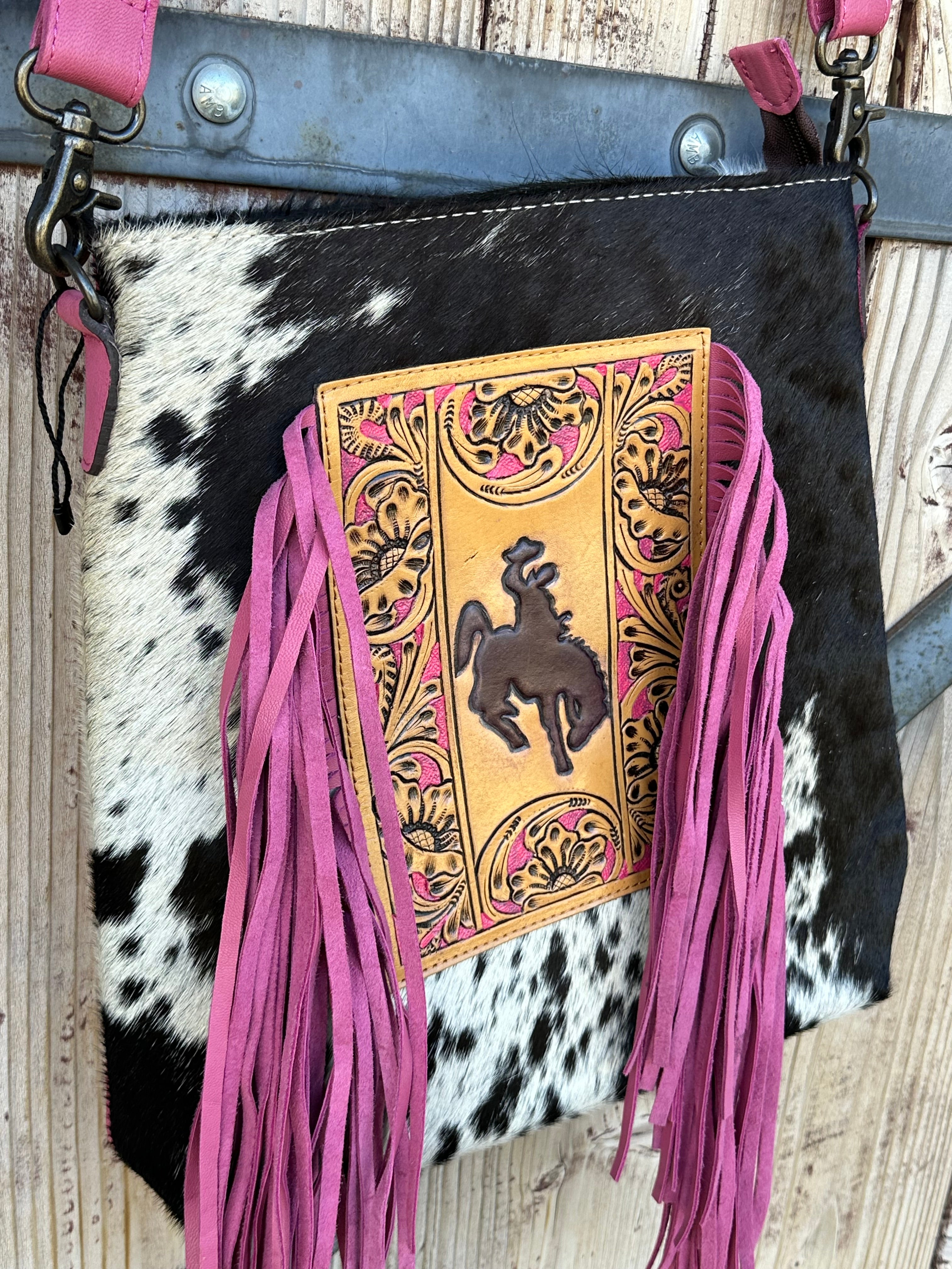 Genuine Tooled Leather & Cowhide Fringe Purse