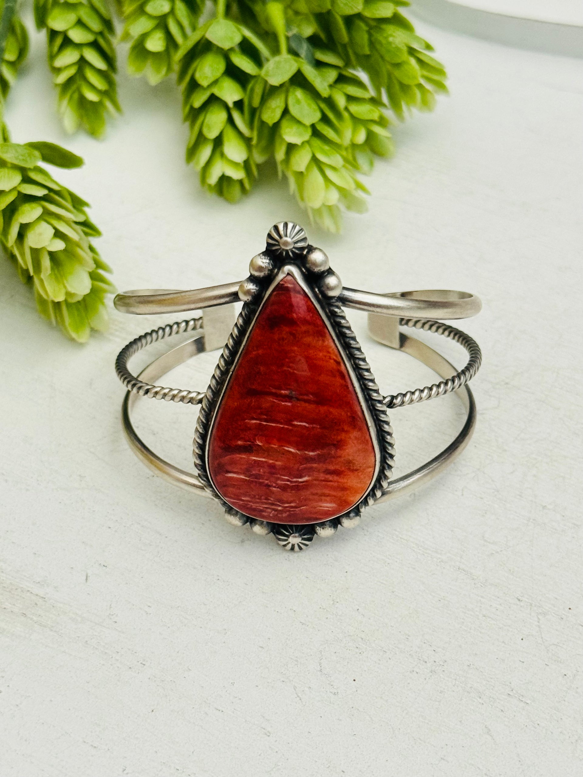 Irene Kee Red Spiny Oyster & Sterling Silver Cuff Bracelet