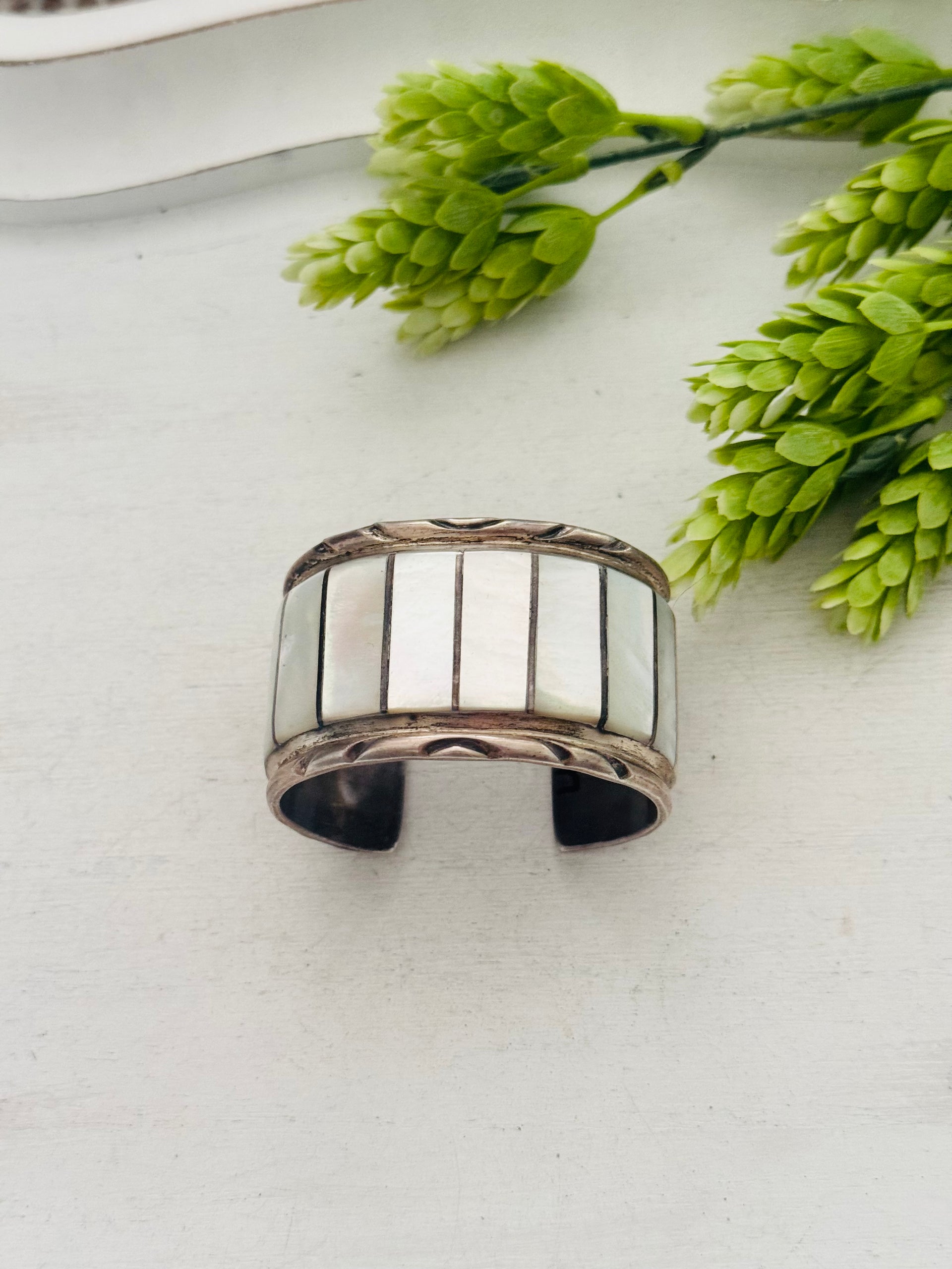 Vintage Navajo Made Mother of Pearl Sterling Silver Cuff Bracelet