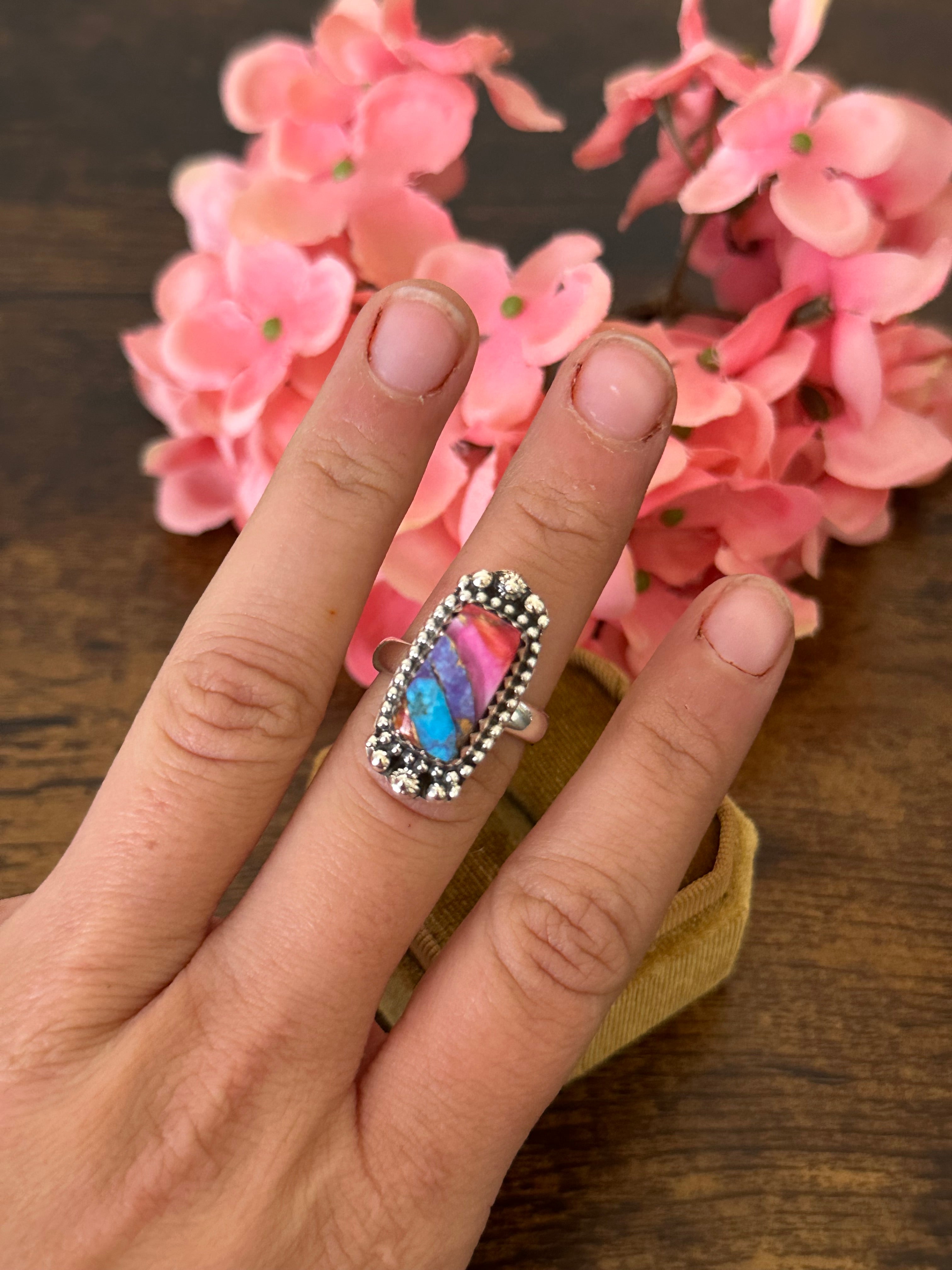 Southwest Handmade Pink Mohave Turquoise & Sterling Silver Ring Size 6.5