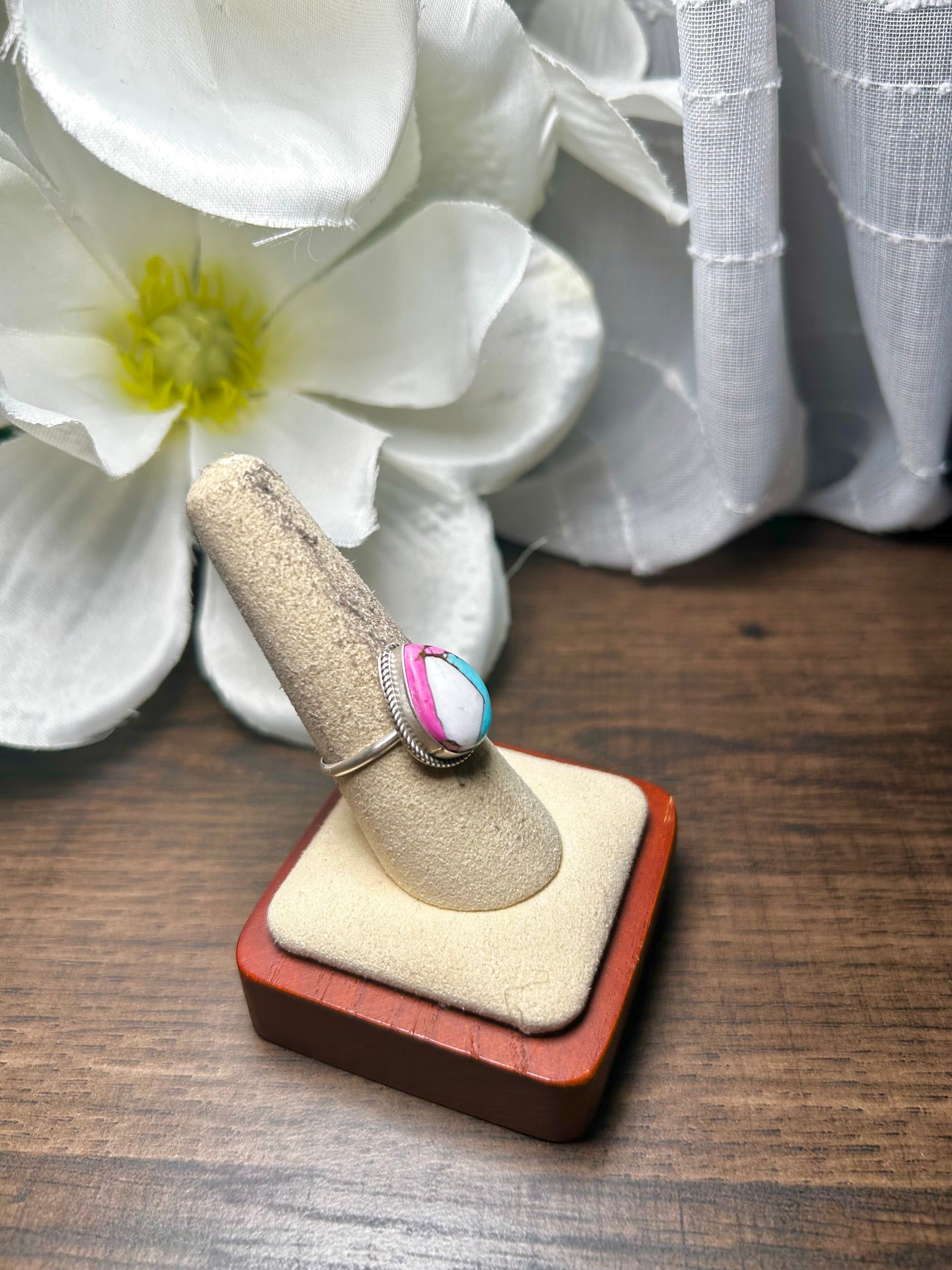 Navajo Made Cotton Candy Dahlia & Sterling Silver Ring Size 8.25