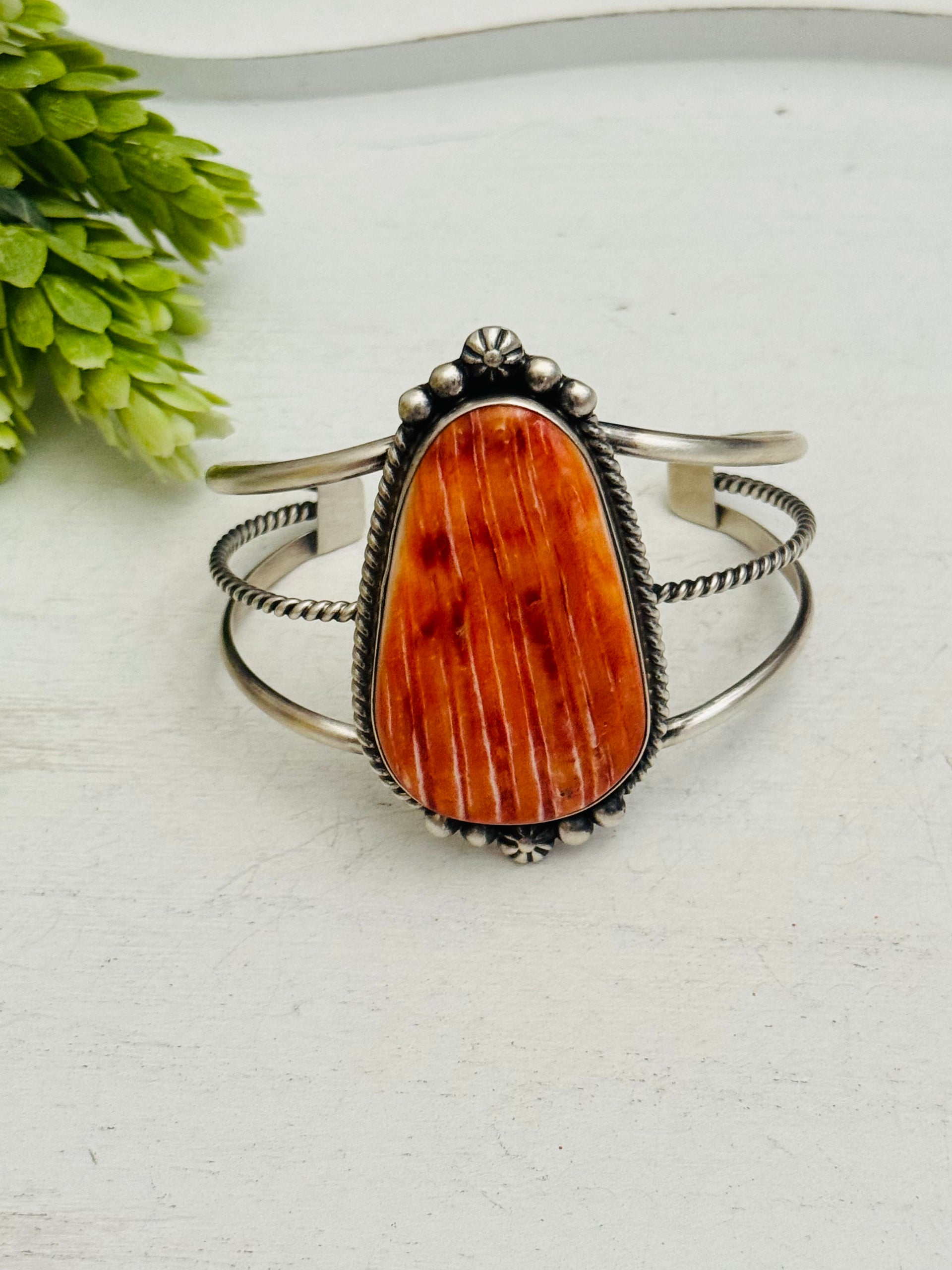 Irene Kee Red Spiny Oyster & Sterling Silver Cuff Bracelet