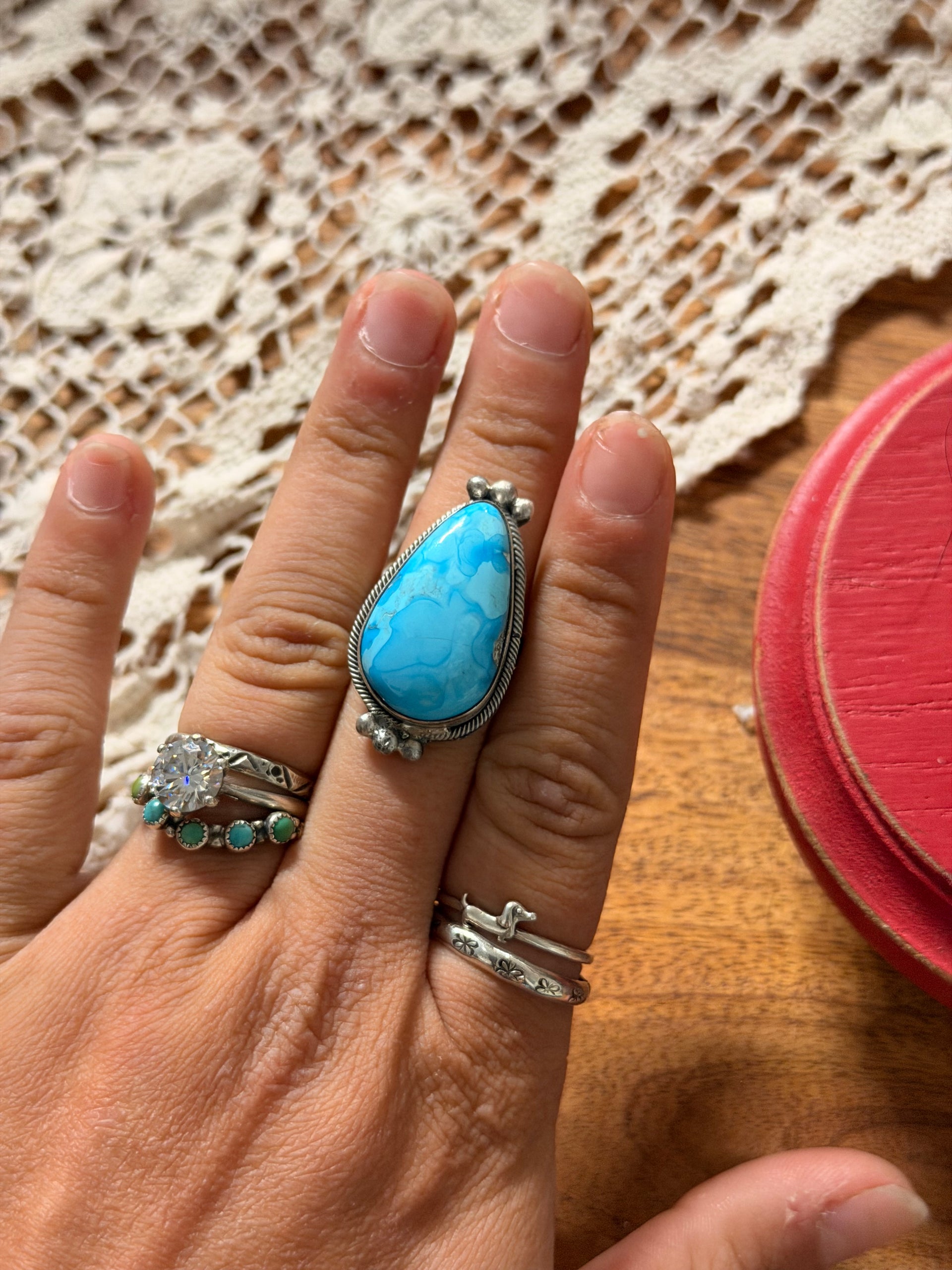 Scott Skeets White Water Turquoise & Sterling Silver Ring Size 6.25