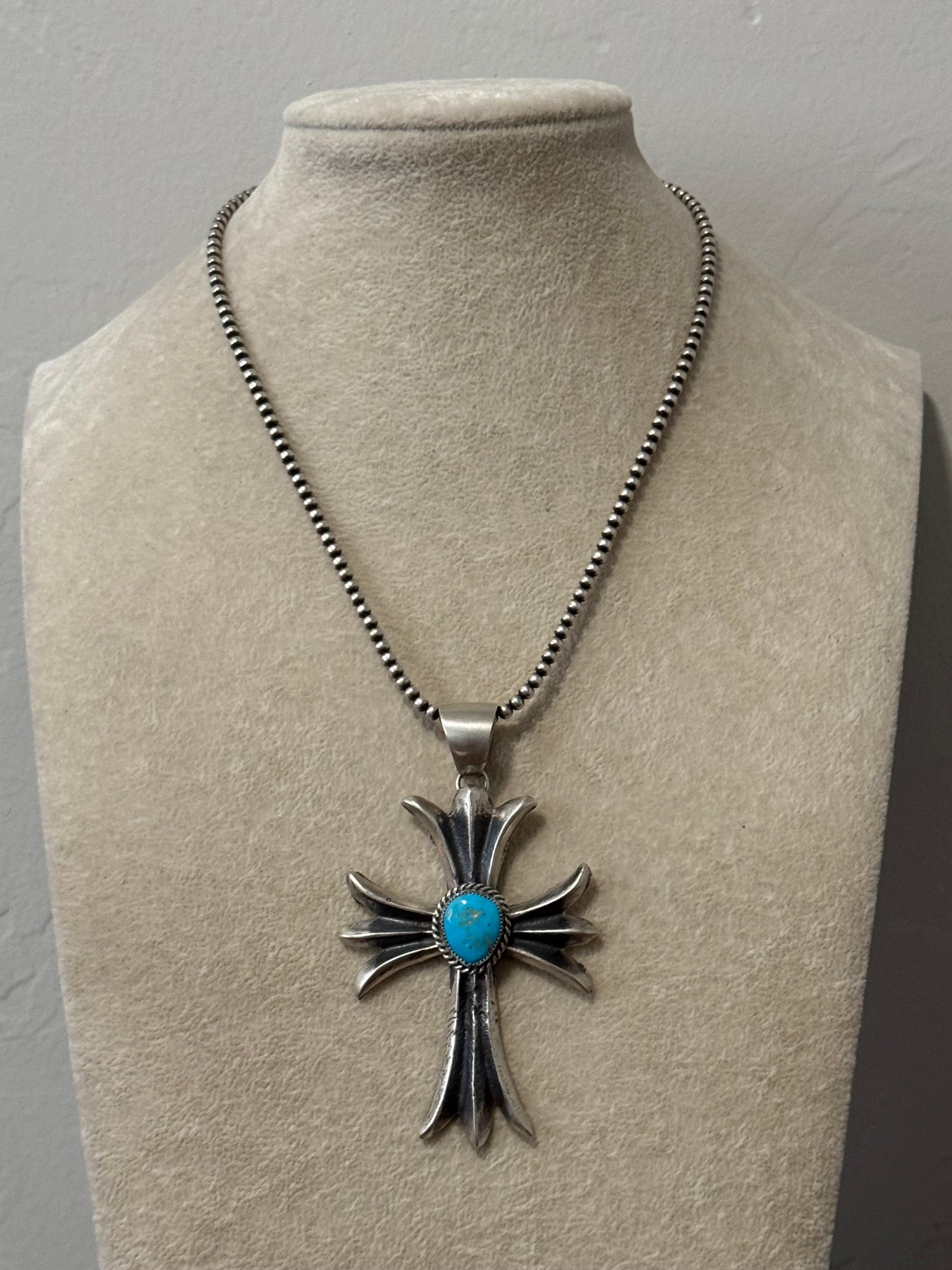 Navajo Made Kingman Turquoise & Sterling Silver Cross Pendant