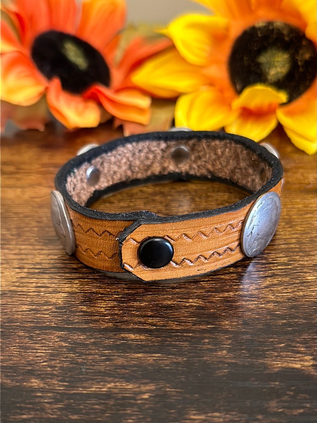 Navajo Made Leather & Sterling Silver Coin Bracelet