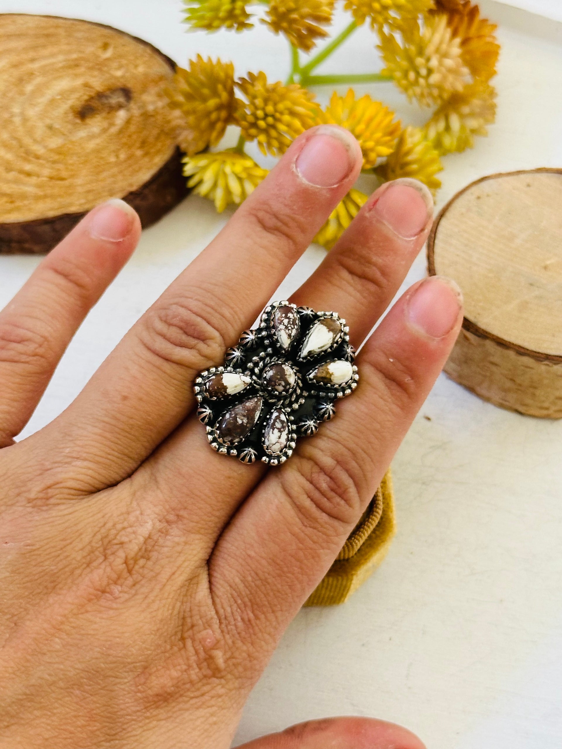 TTD “Sky Cascade” Wild Horse & Sterling Silver Adjustable Cluster Ring