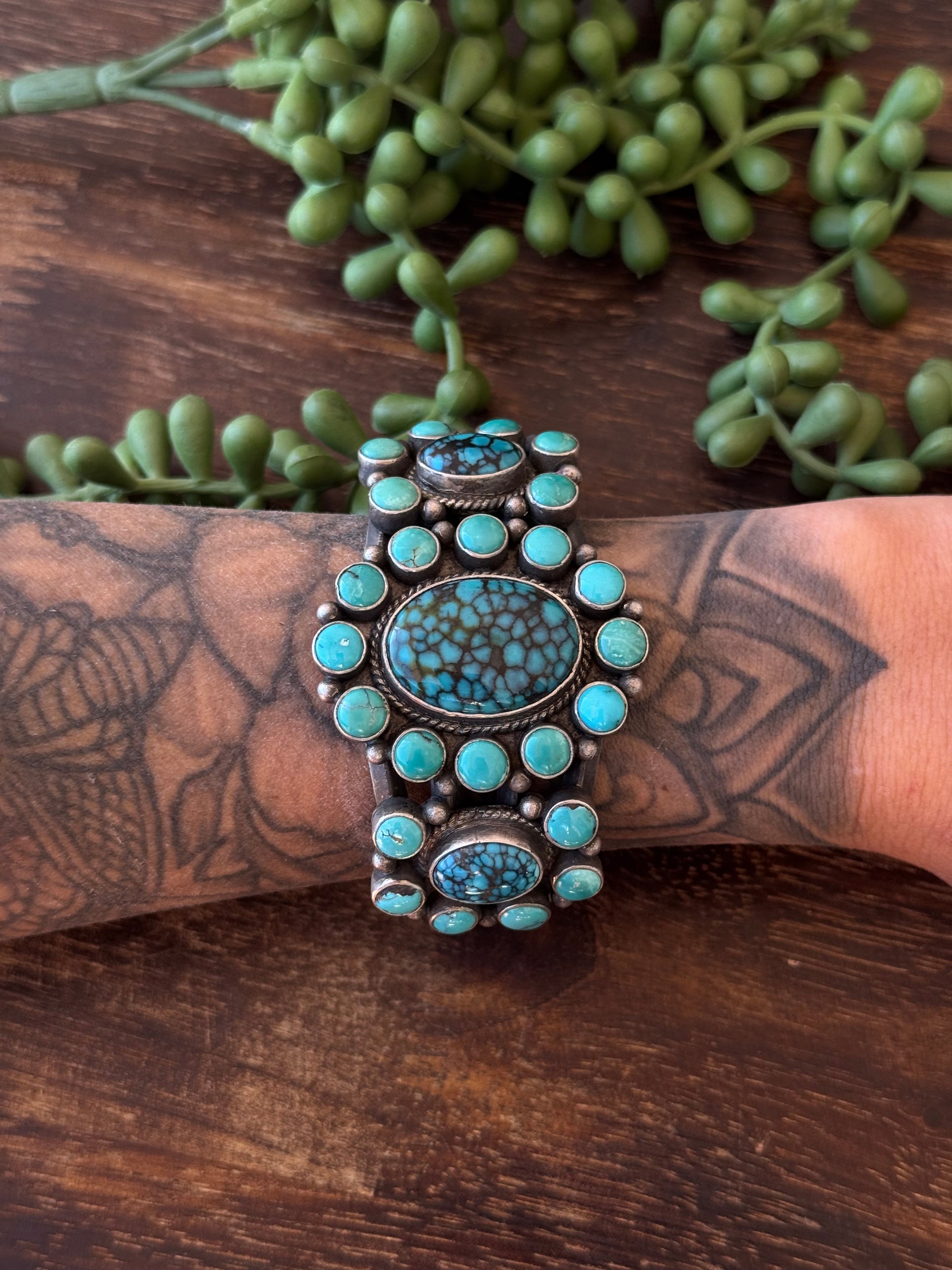 Vintage Navajo Made Mixed Turquoise Sterling Silver Cluster Cuff Bracelet