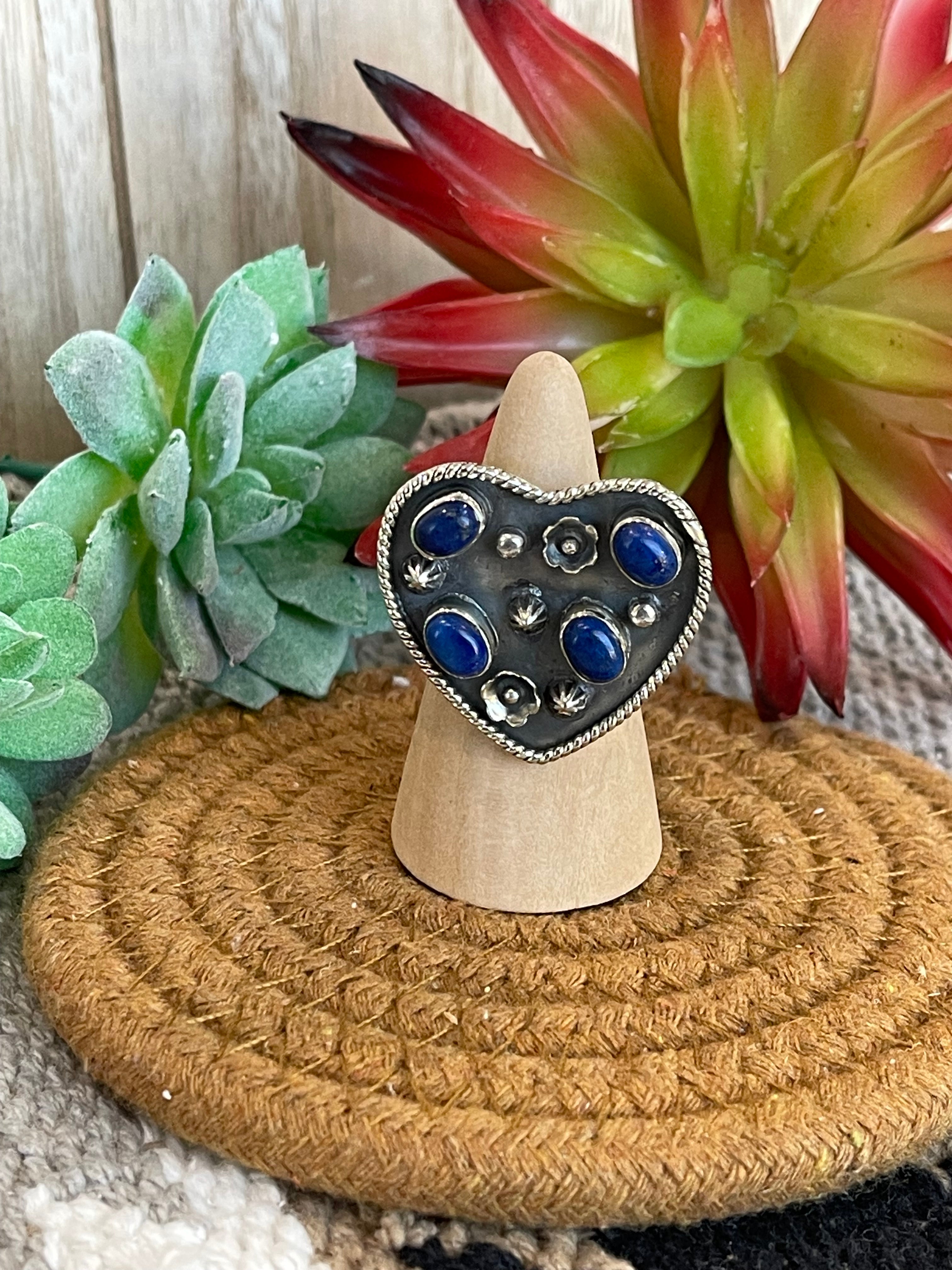 Southwest Handmade Lapis & Sterling Silver Adjustable Heart Ring