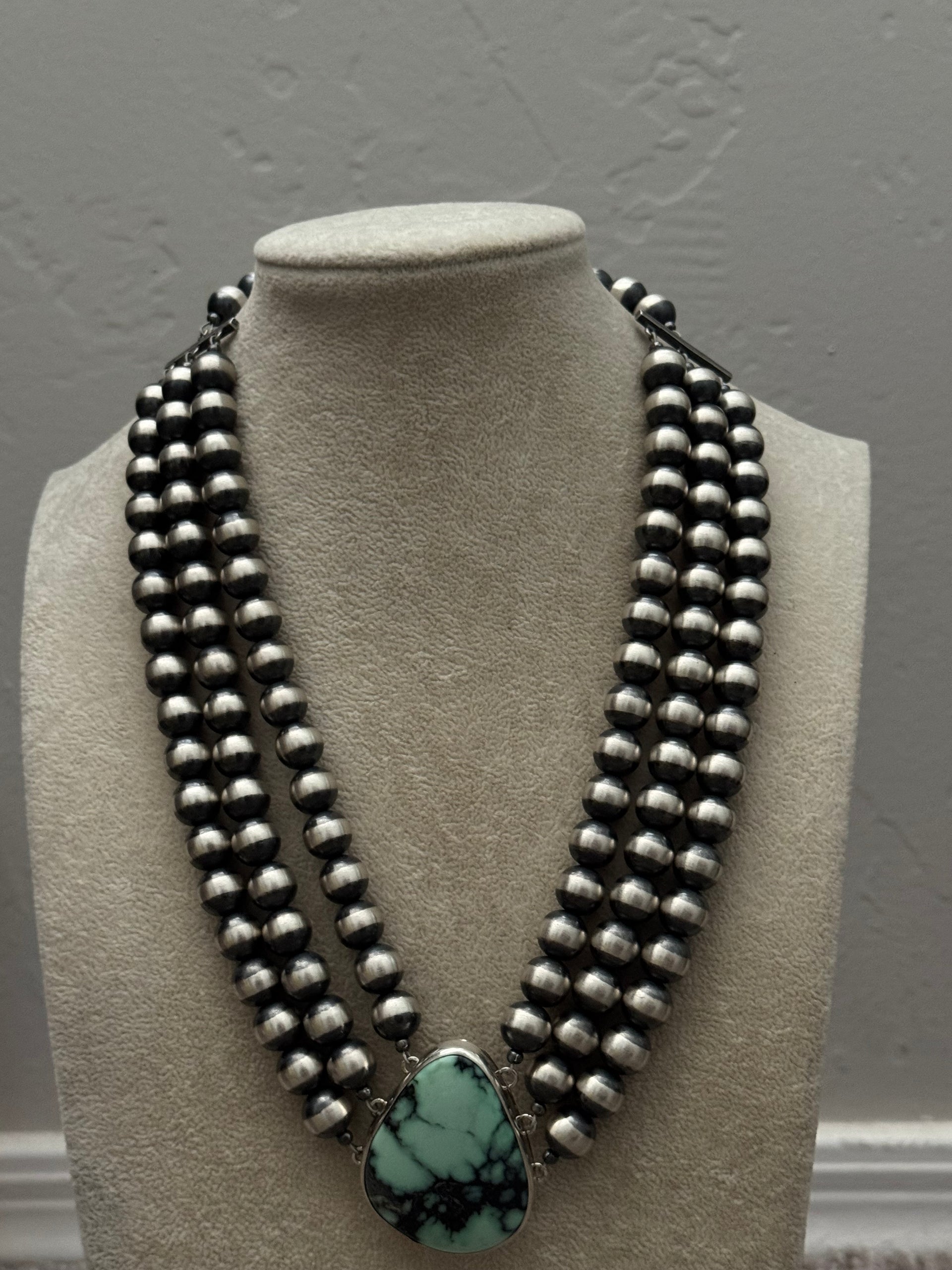 Larry Kaye New Lander Variscite & Sterling Silver 3 Strand Necklace