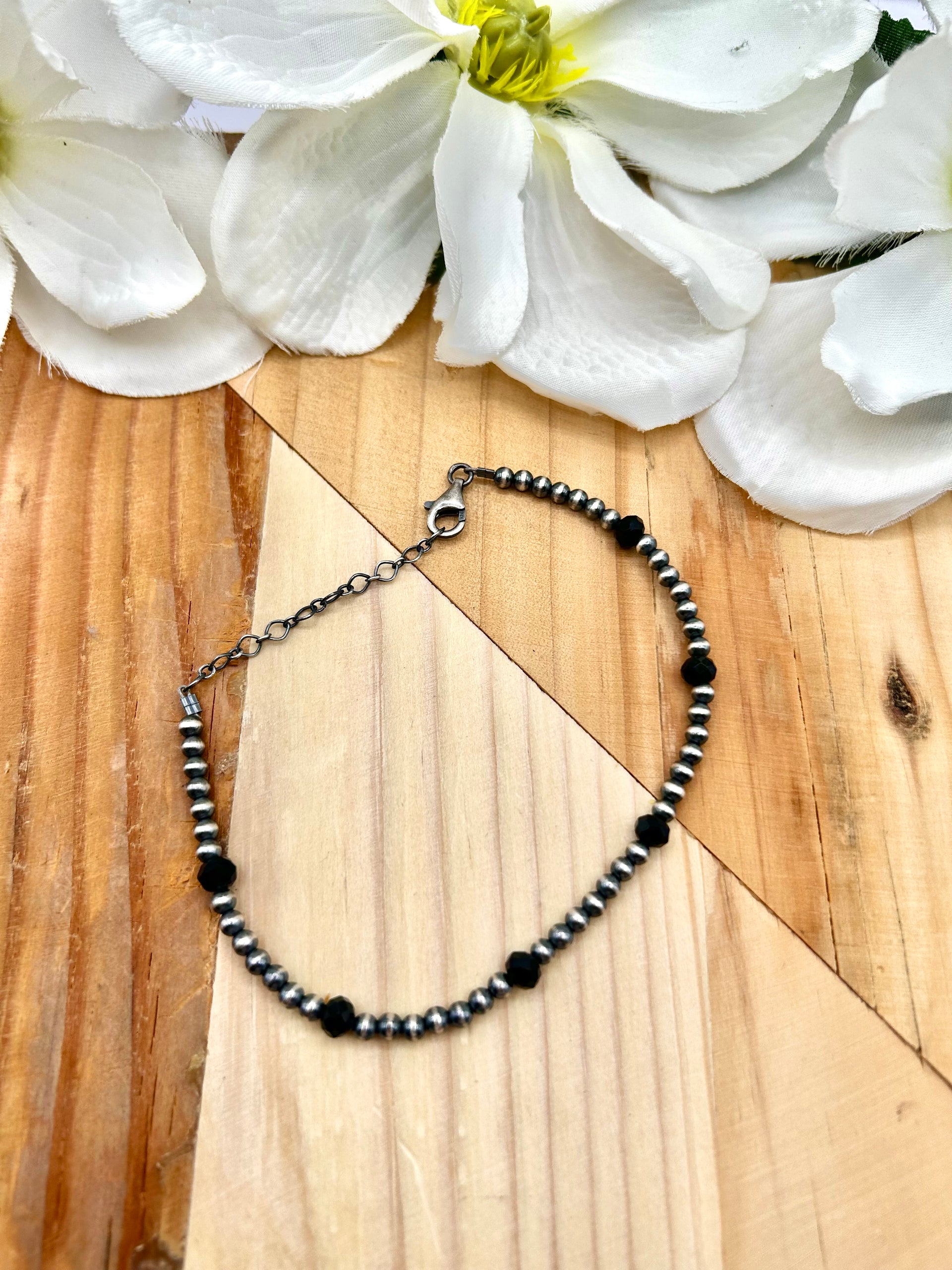 Navajo Made Onyx & Sterling Silver Strung Anklet