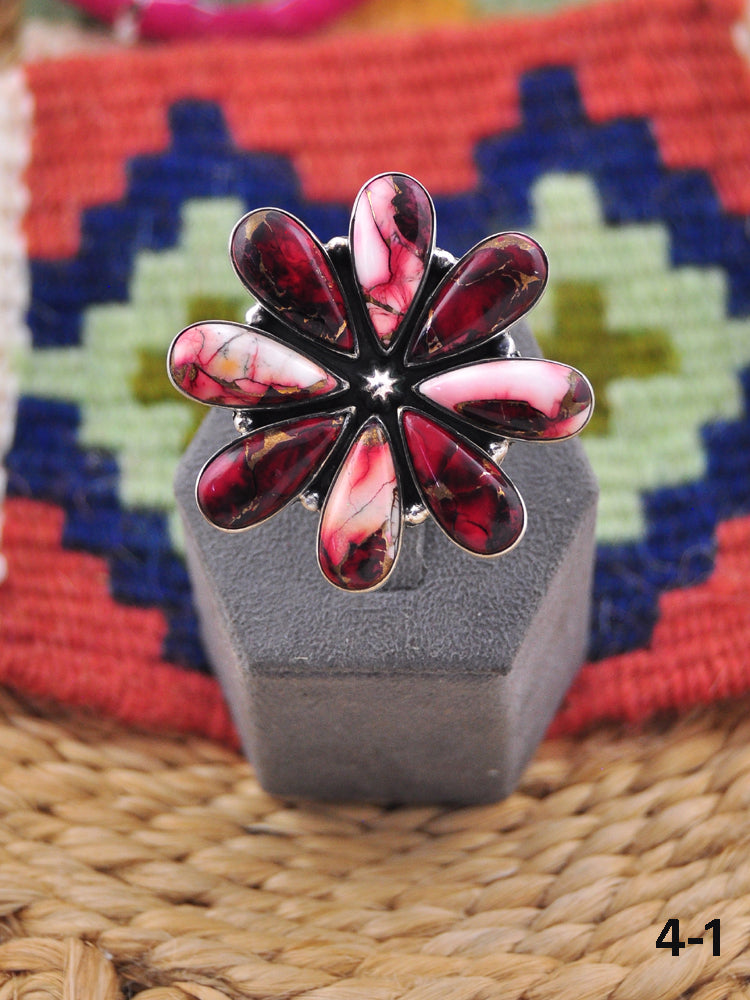 Southwest Made Rose Dahlia & Sterling Silver Adjustable Ring