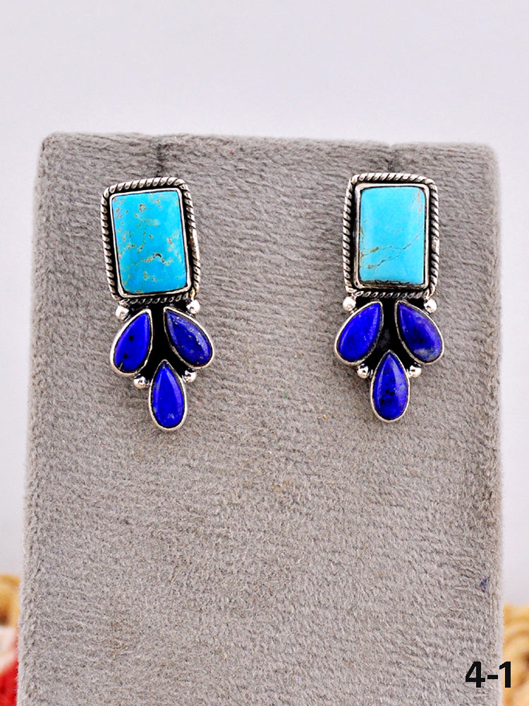 Southwest Made Lapis Lazuli with Kingman Turquoise & Sterling Silver Post Earrings