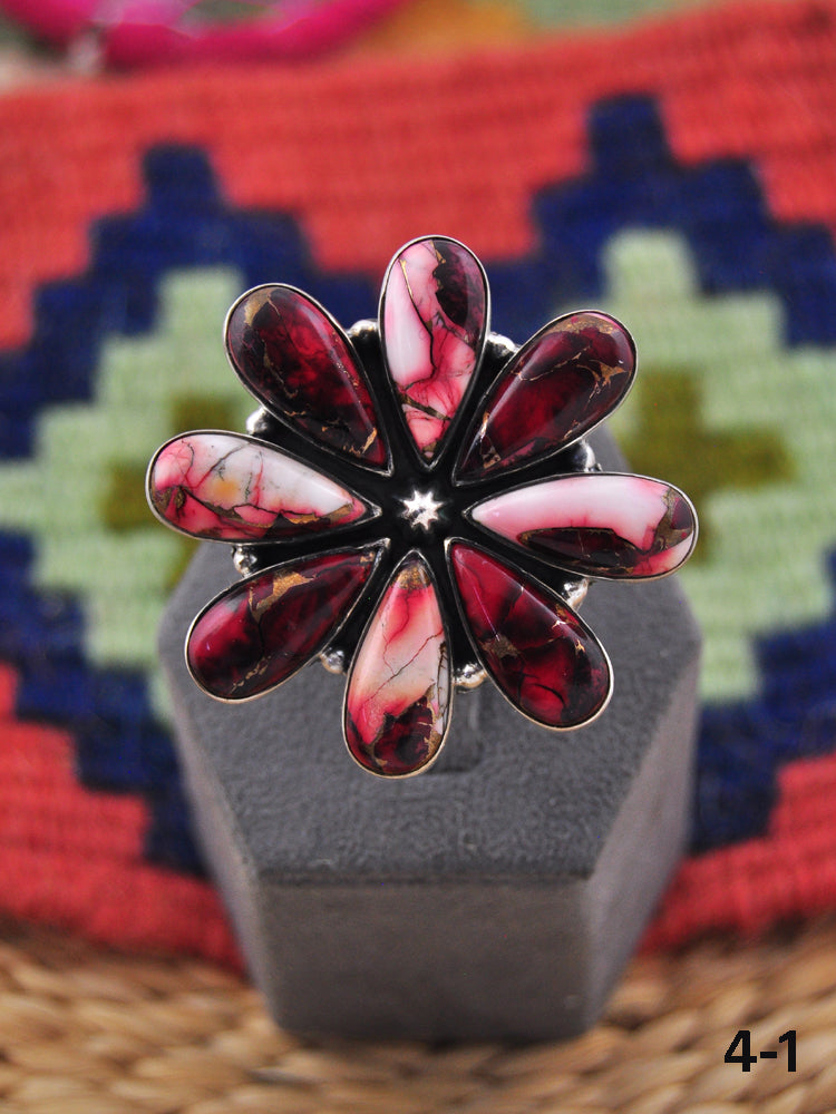 Southwest Made Rose Dahlia & Sterling Silver Adjustable Ring