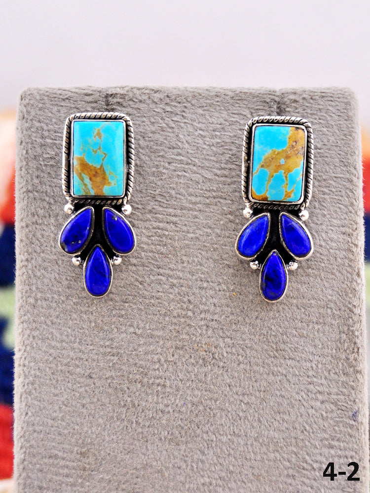 Southwest Made Lapis Lazuli with Kingman Turquoise & Sterling Silver Post Earrings
