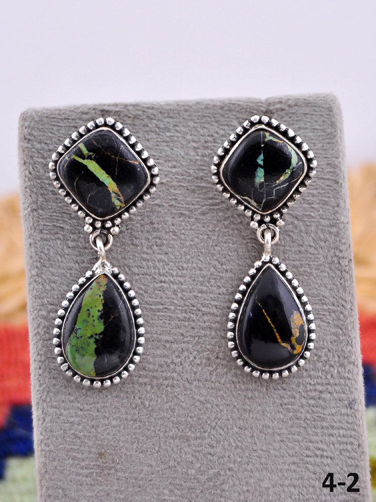 Southwest Made Black Jack Turquoise & Sterling Silver Post Earrings