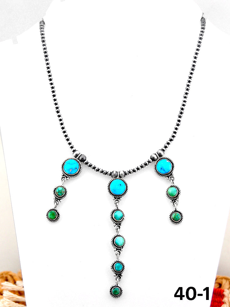 Southwest Handmade Emerald Valley with White Water Turquoise & Sterling Silver Beaded Necklace