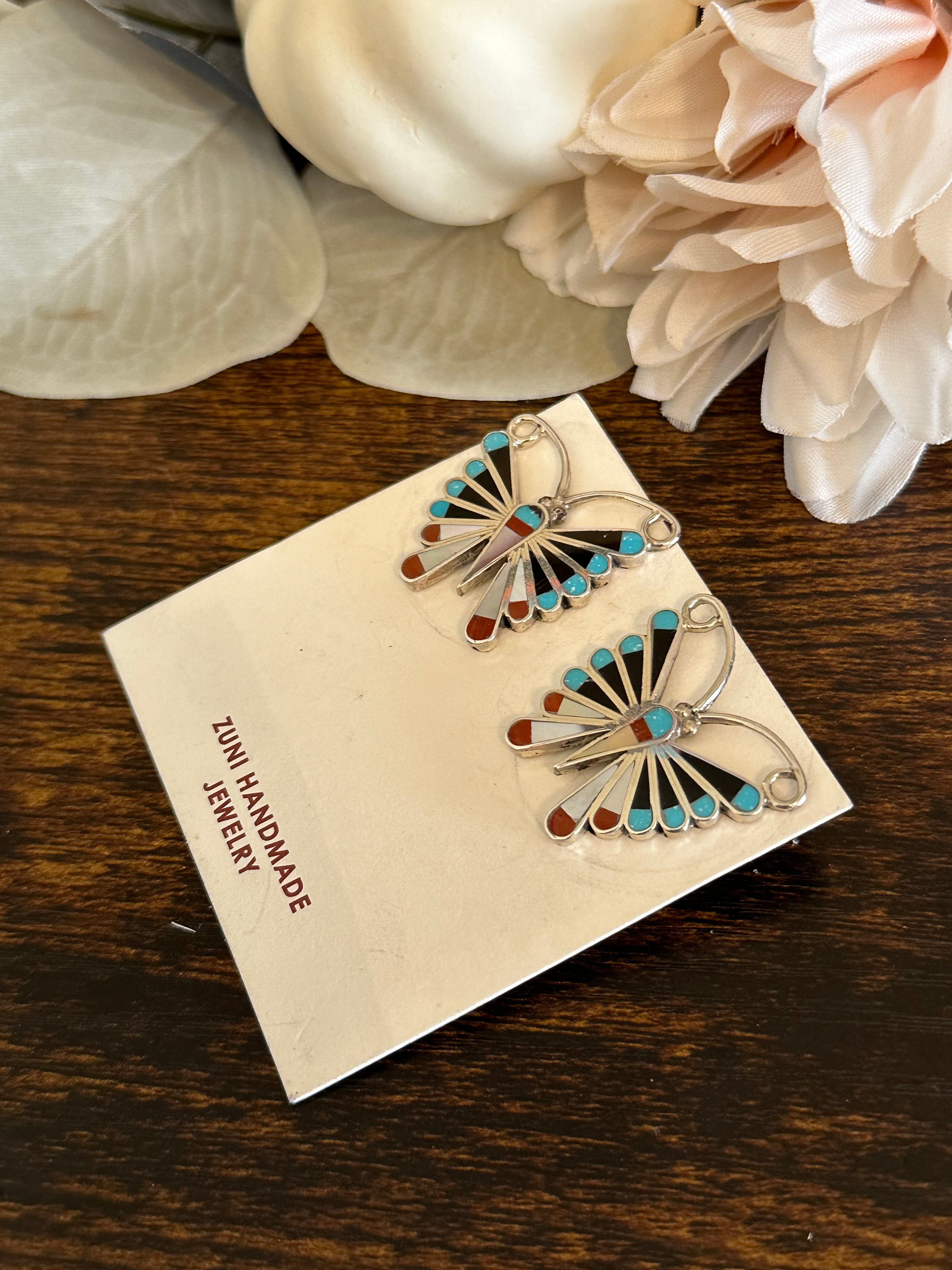Zuni Made Multi Stone & Sterling Silver Butterfly Dangle Earrings