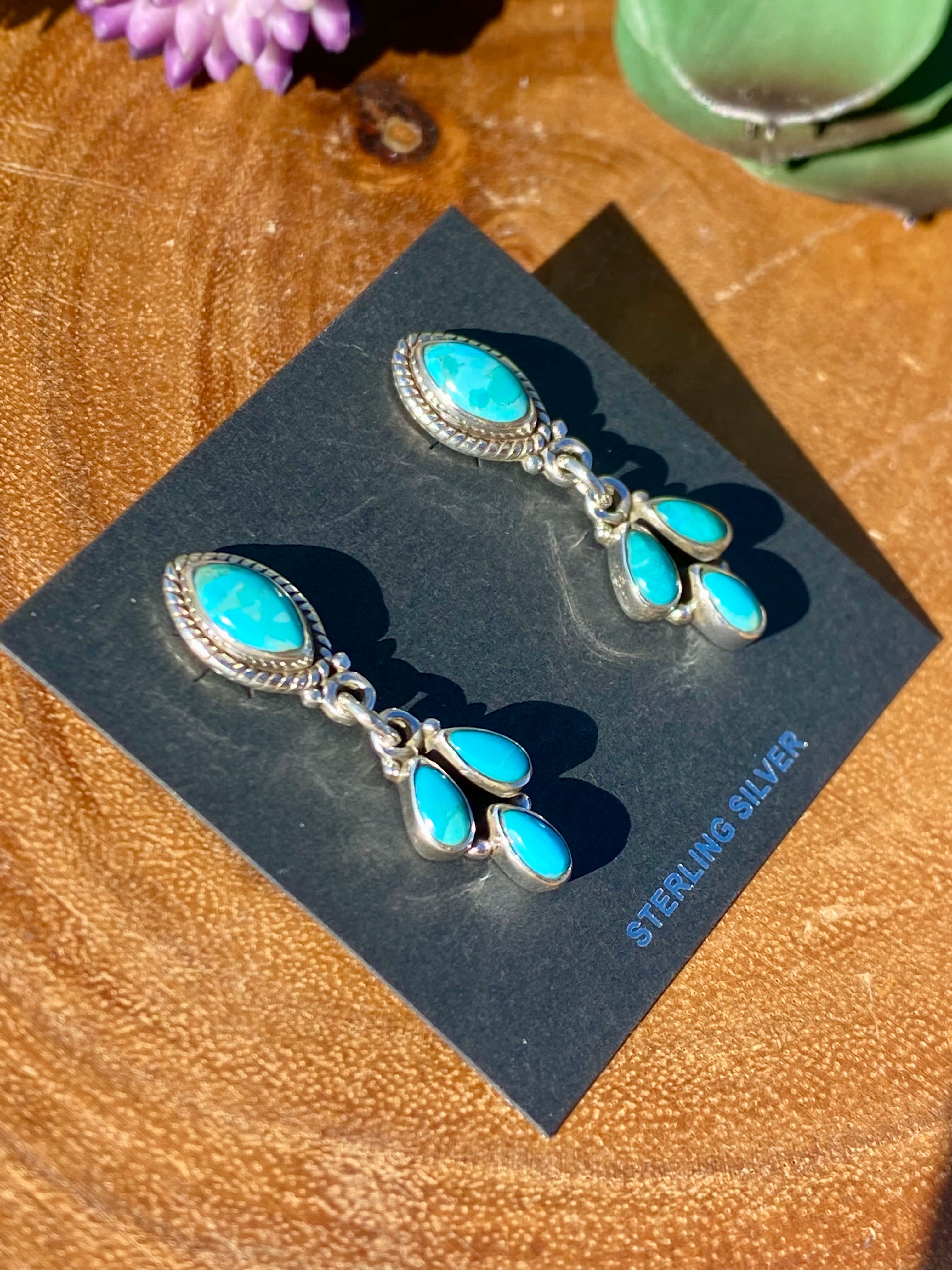 Southwest Handmade Kingman Turquoise & Sterling Silver Post Dangle Earrings