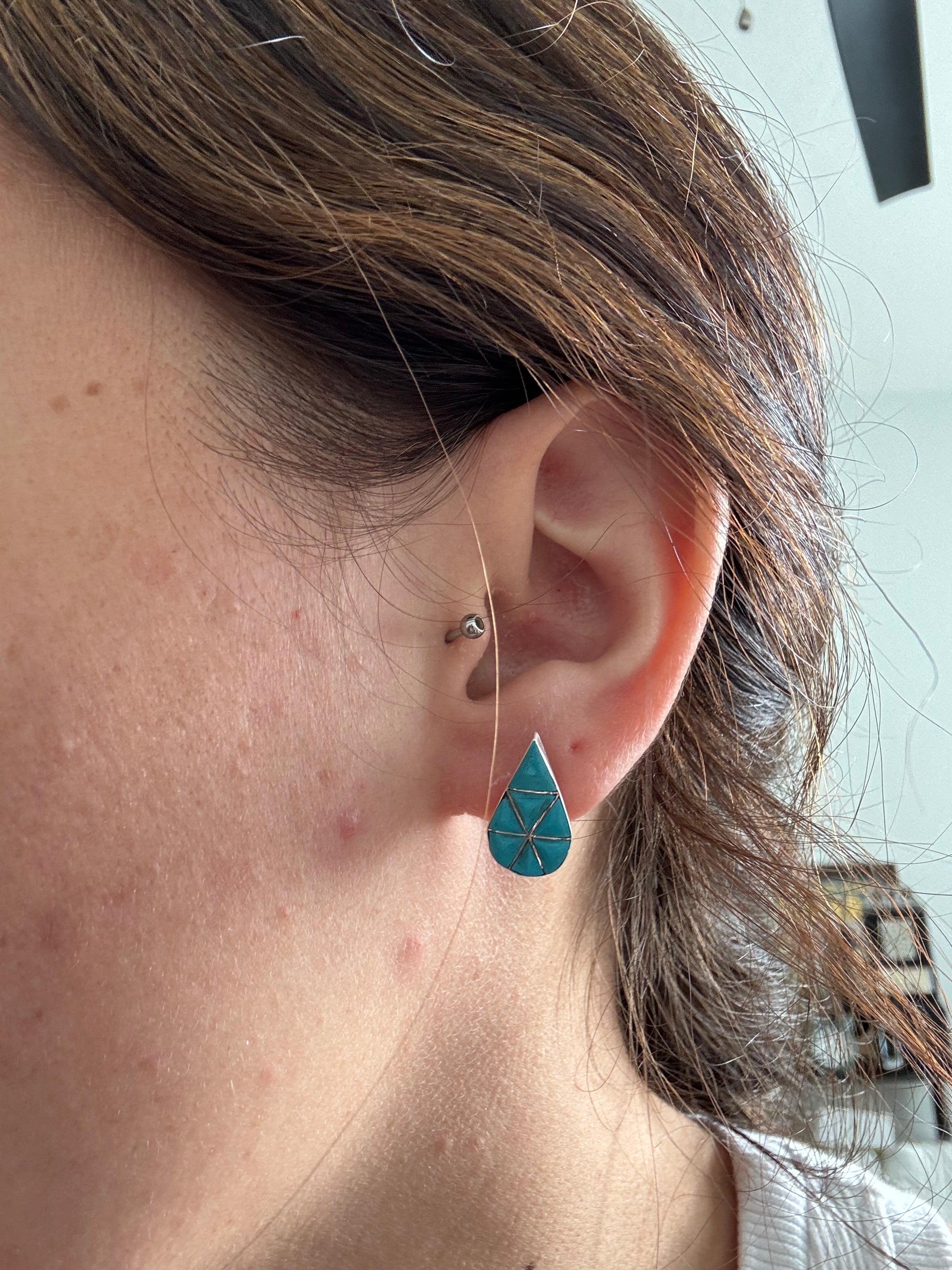 Zuni Made Turquoise & Sterling Silver Inlay Post Earrings