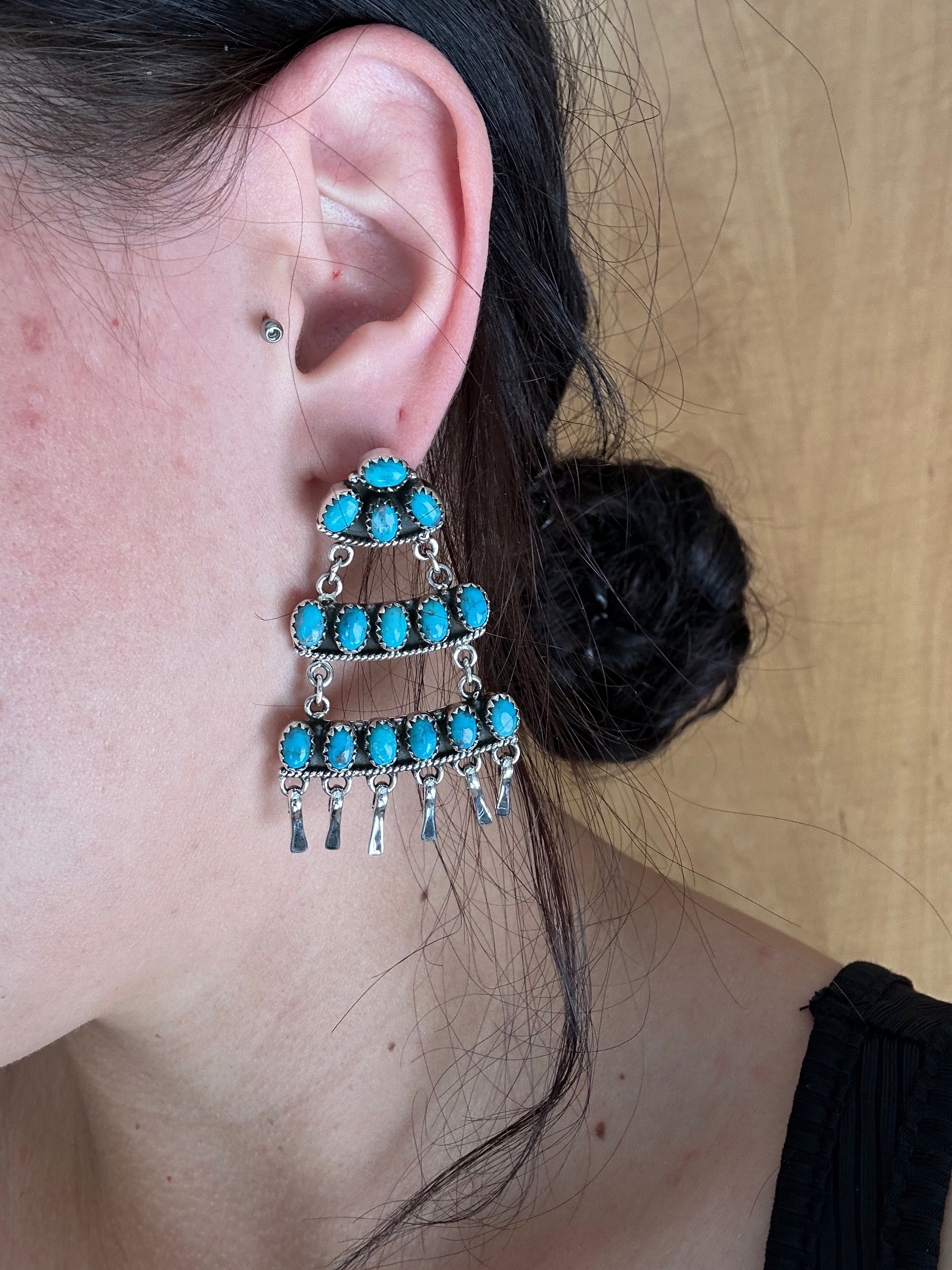 Southwest Handmade Kingman Turquoise & Sterling Silver Post Dangle Earrings