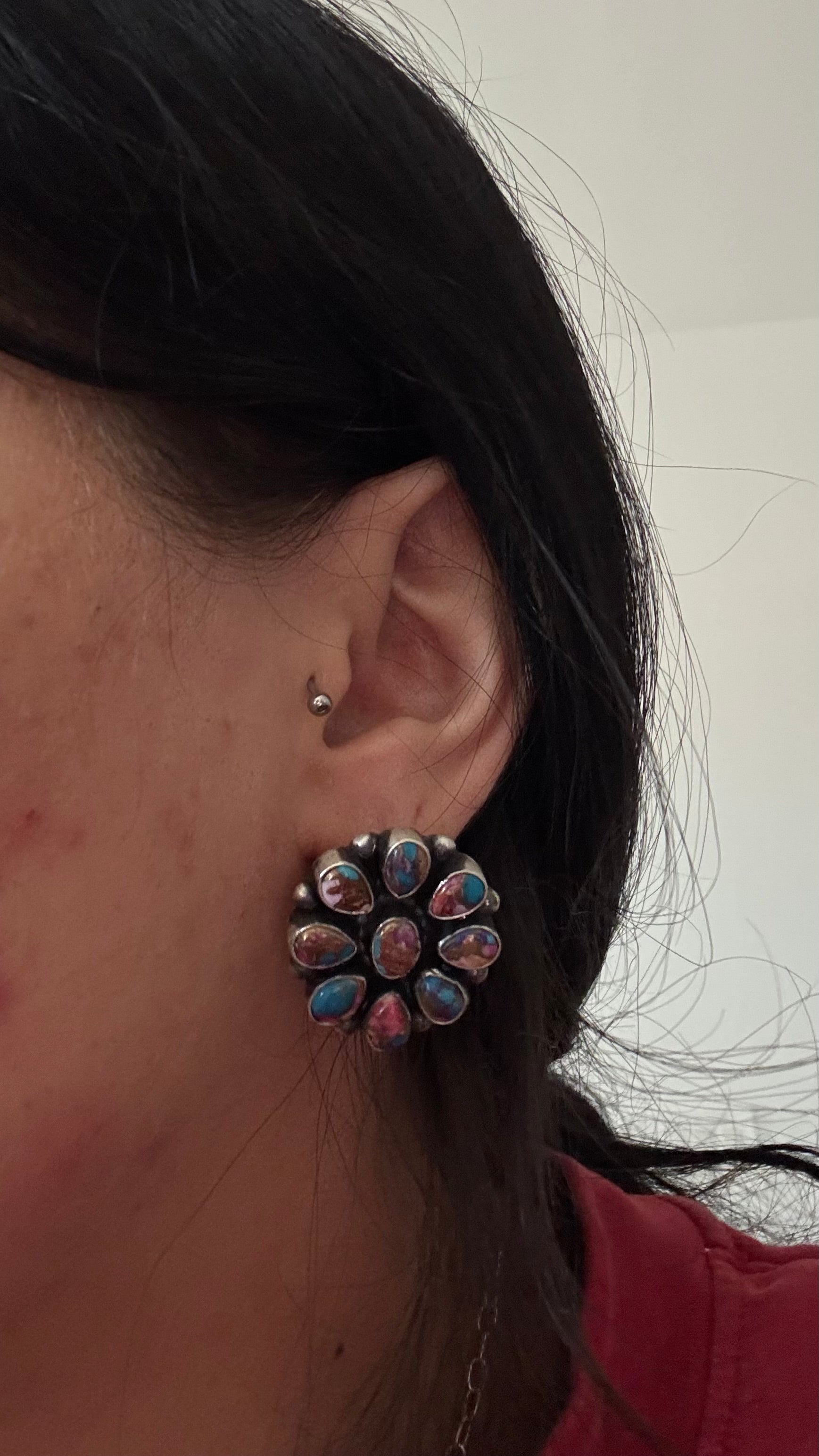 Navajo Made Pink Mohave Turquoise & Sterling Silver Post Cluster Earrings