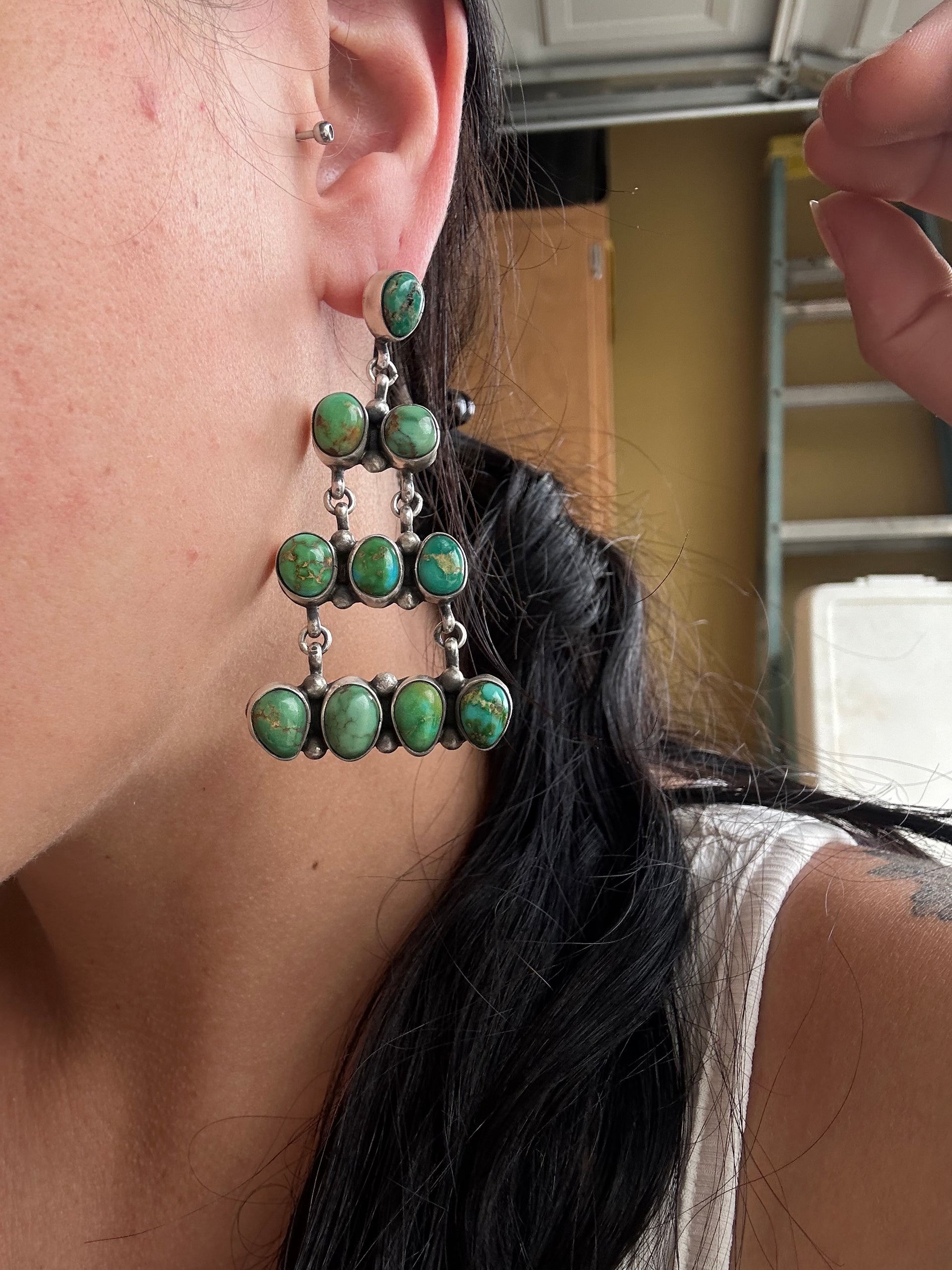 Timothy Yazzie Sonoran Gold Turquoise & Sterling Silver Post Cluster Dangle Earrings