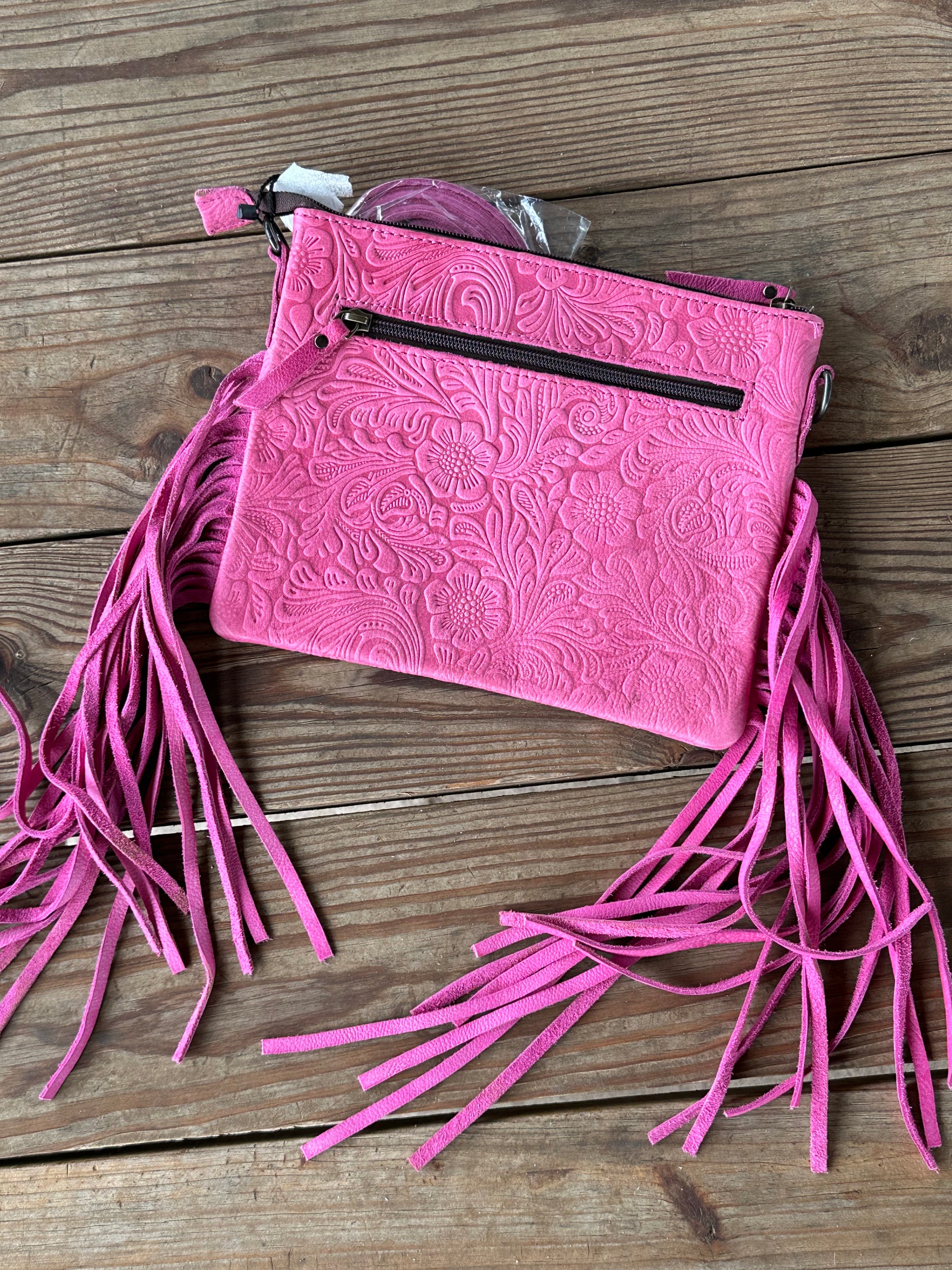 Genuine Leather Tooled Cross Body Fringe Purse