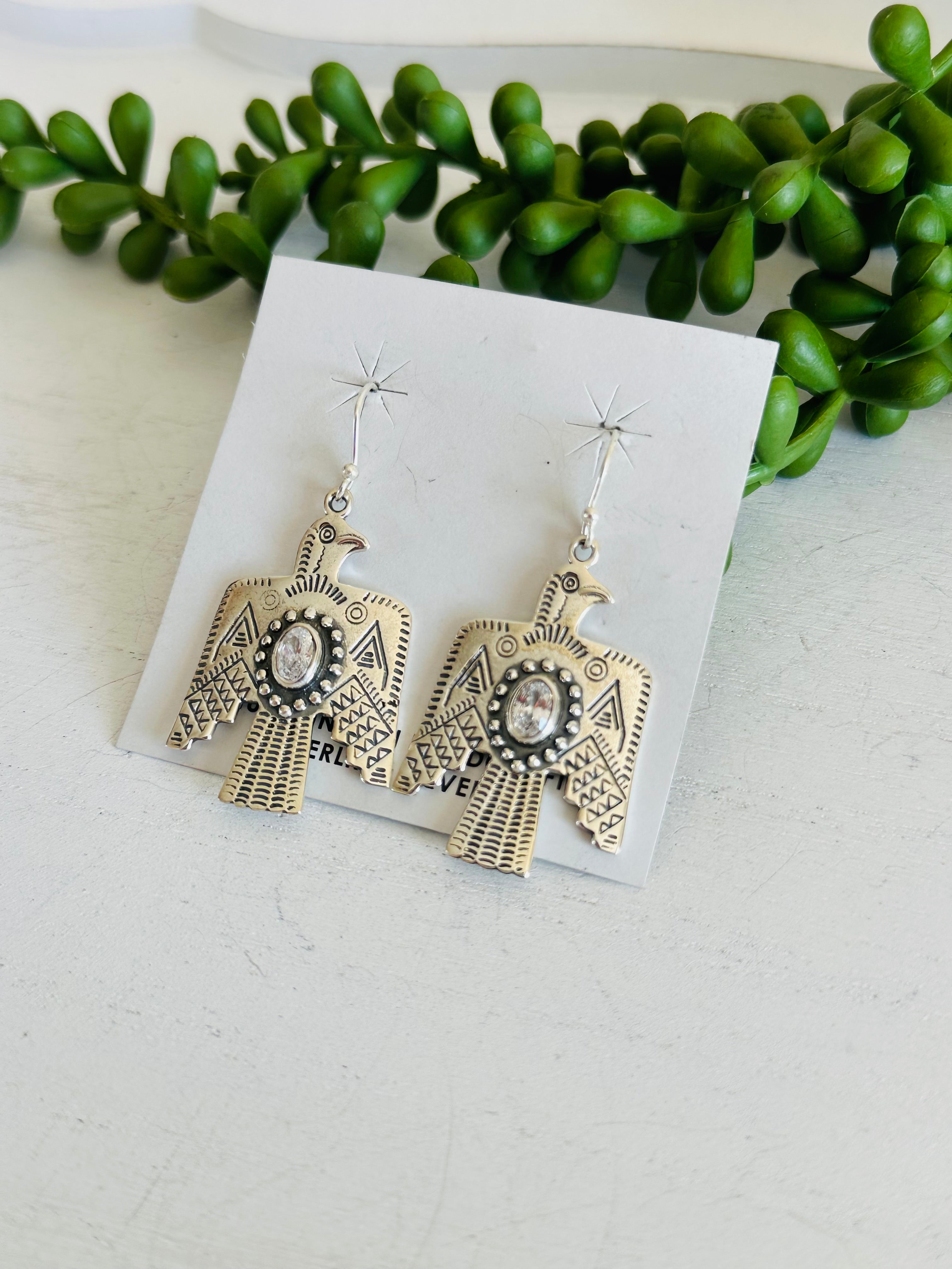 Southwest Handmade Cubic Zirconia & Sterling Silver Dangle Thunderbird Earrings