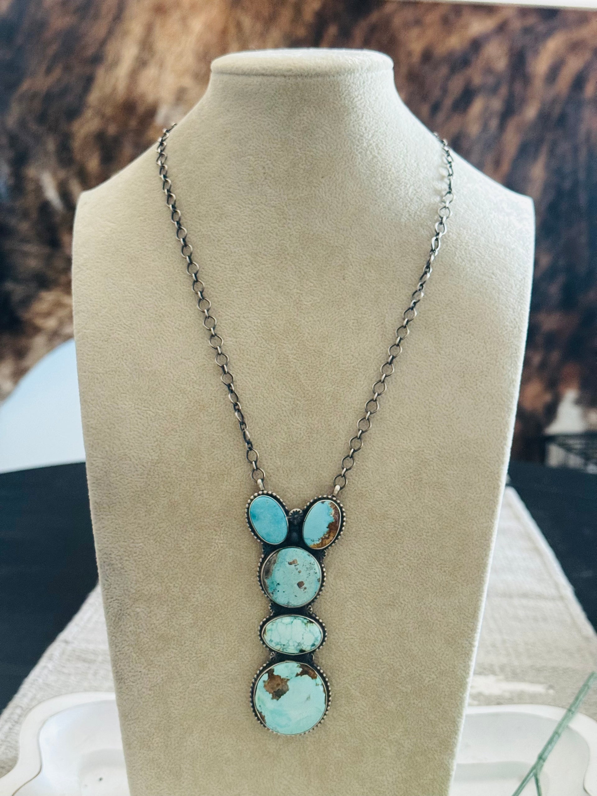 Navajo Made Royston Turquoise & Sterling Silver Cluster Necklace