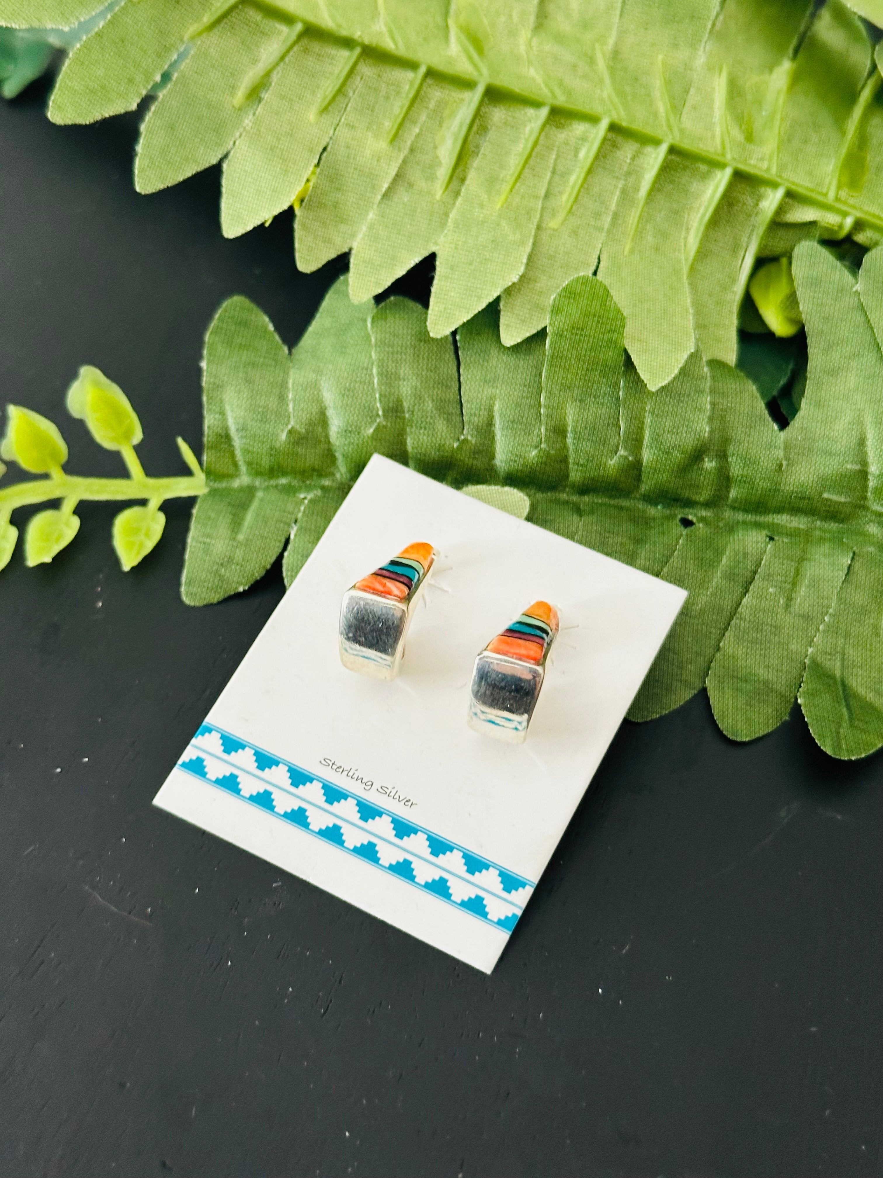 Navajo Made Multi Stone & Sterling Silver Inlay Post Earrings