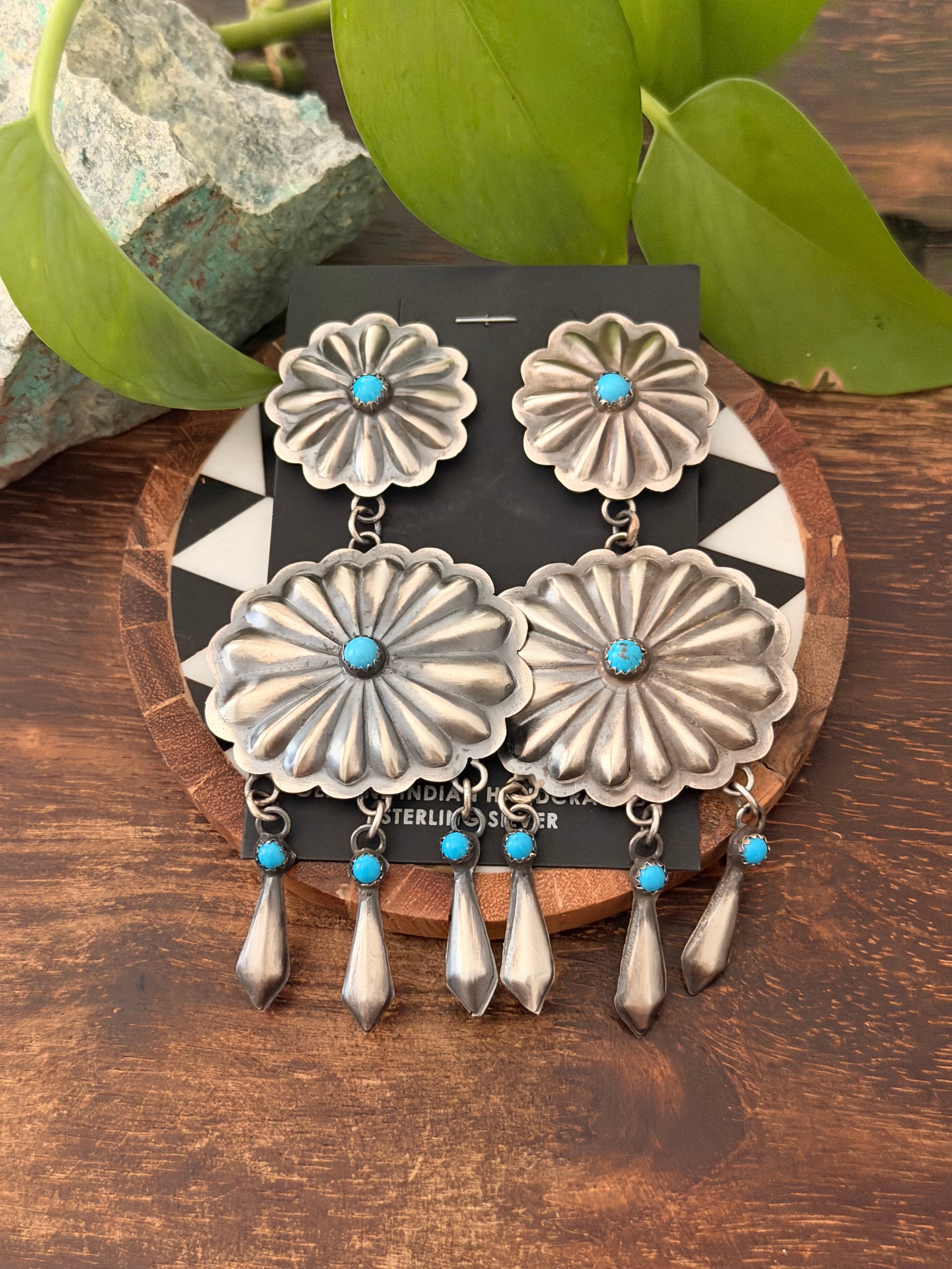 Navajo Made Kingman Turquoise & Sterling Silver Concho Post Dangle Earrings