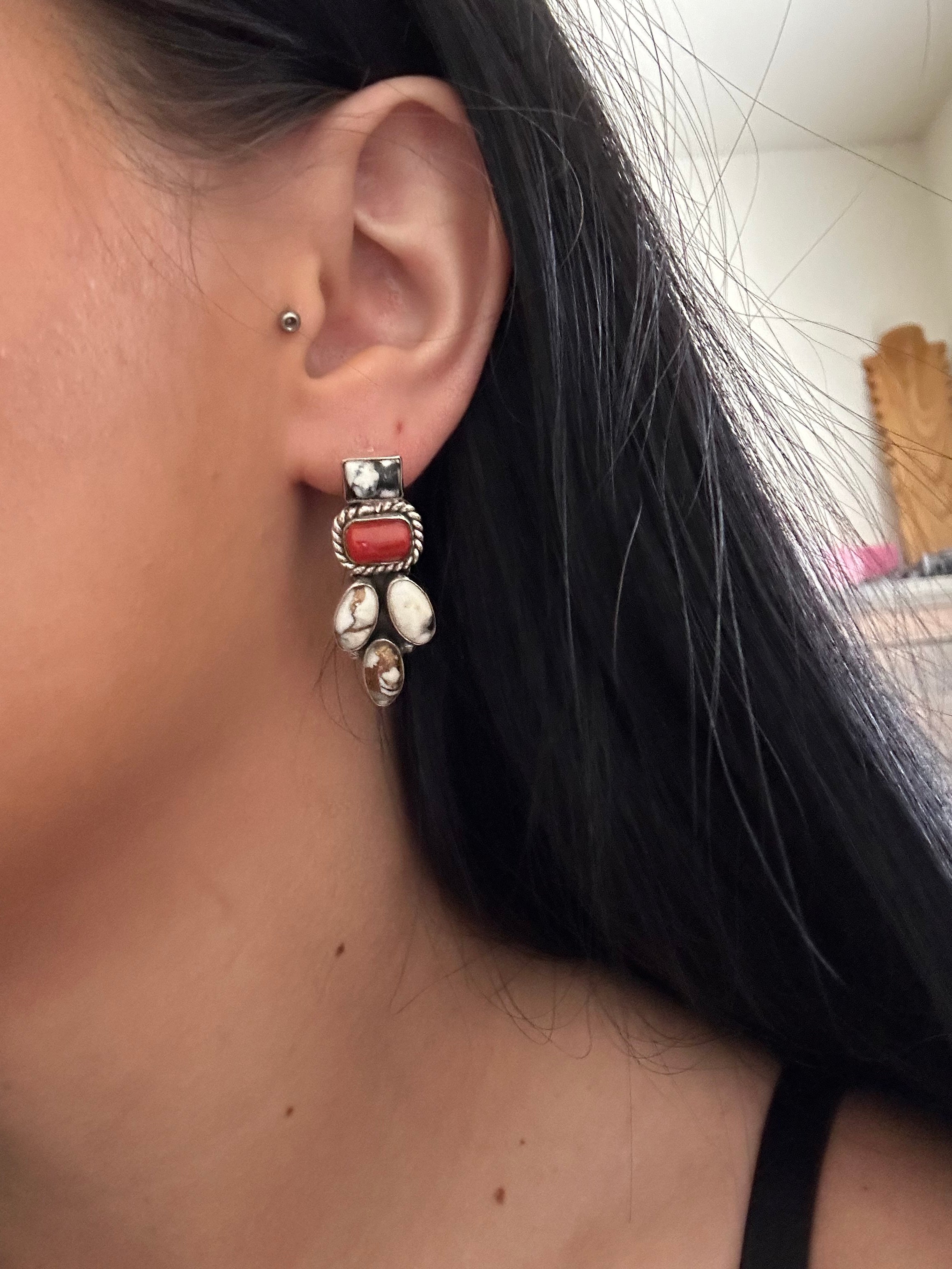 Southwest Handmade Multi Stone & Sterling Silver Post Cluster Dangle Earrings
