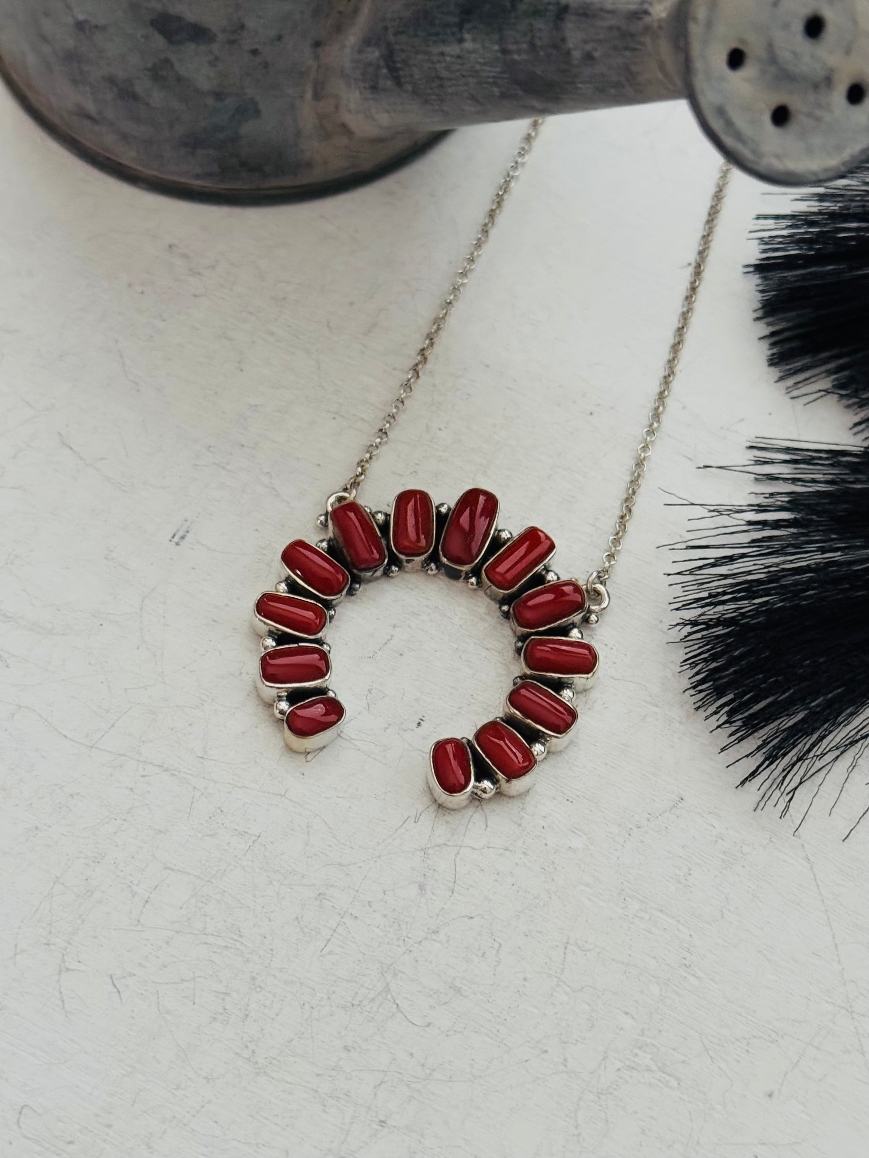 Southwest Handmade Coral & Sterling Silver Naja Necklace