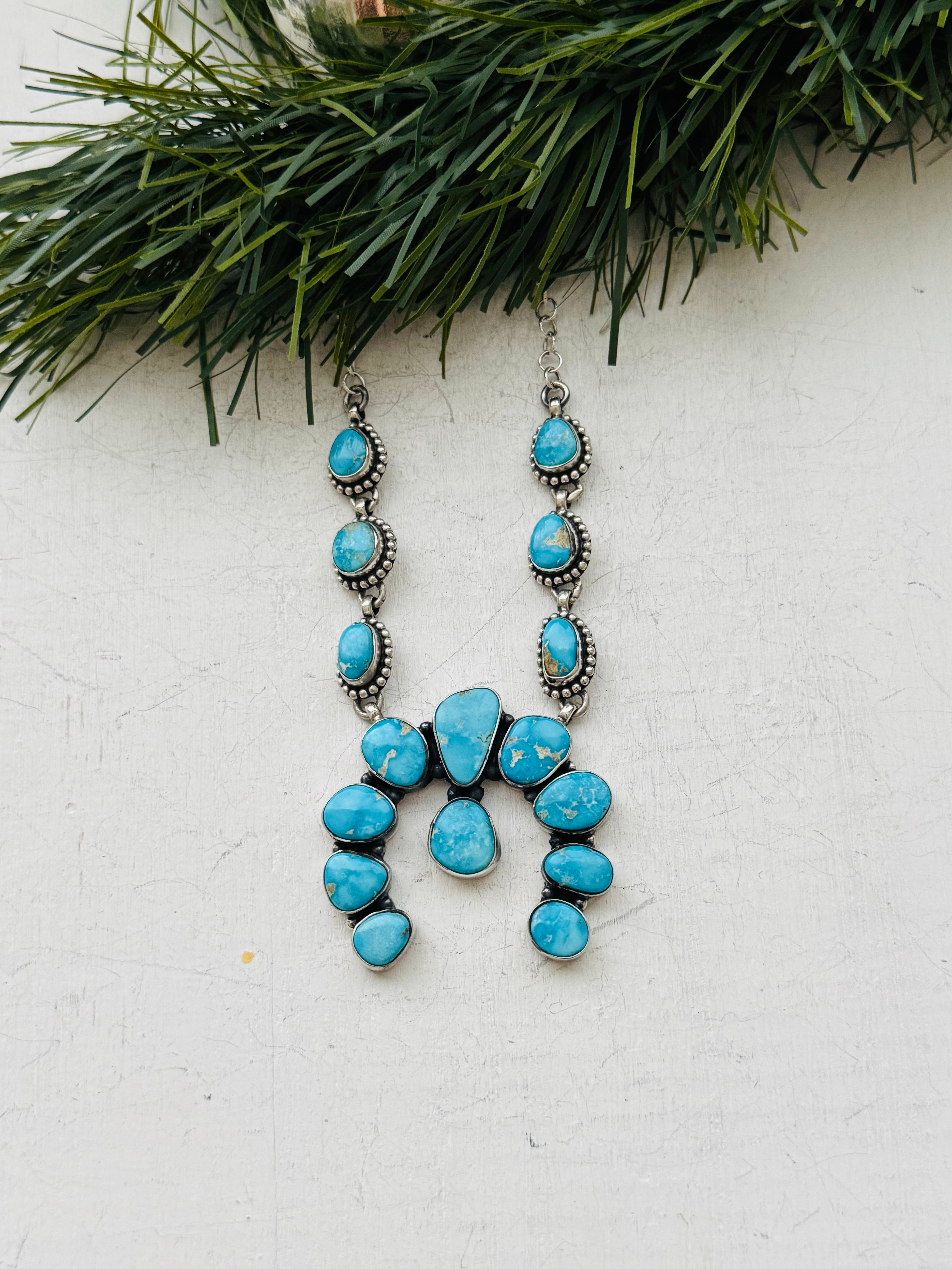 TTD Valley Blue Turquoise & Sterling Silver Squash Naja Necklace